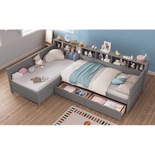 Merax Twin Daybed Frame with 3 Large Storage Drawers and Bookshelf, Twin Size Day Bed for 2, Wooden Corner Bed Frame with Sturdy Slats for Bedroom Living Room, No Box Spring Needed, Space Save, Grey