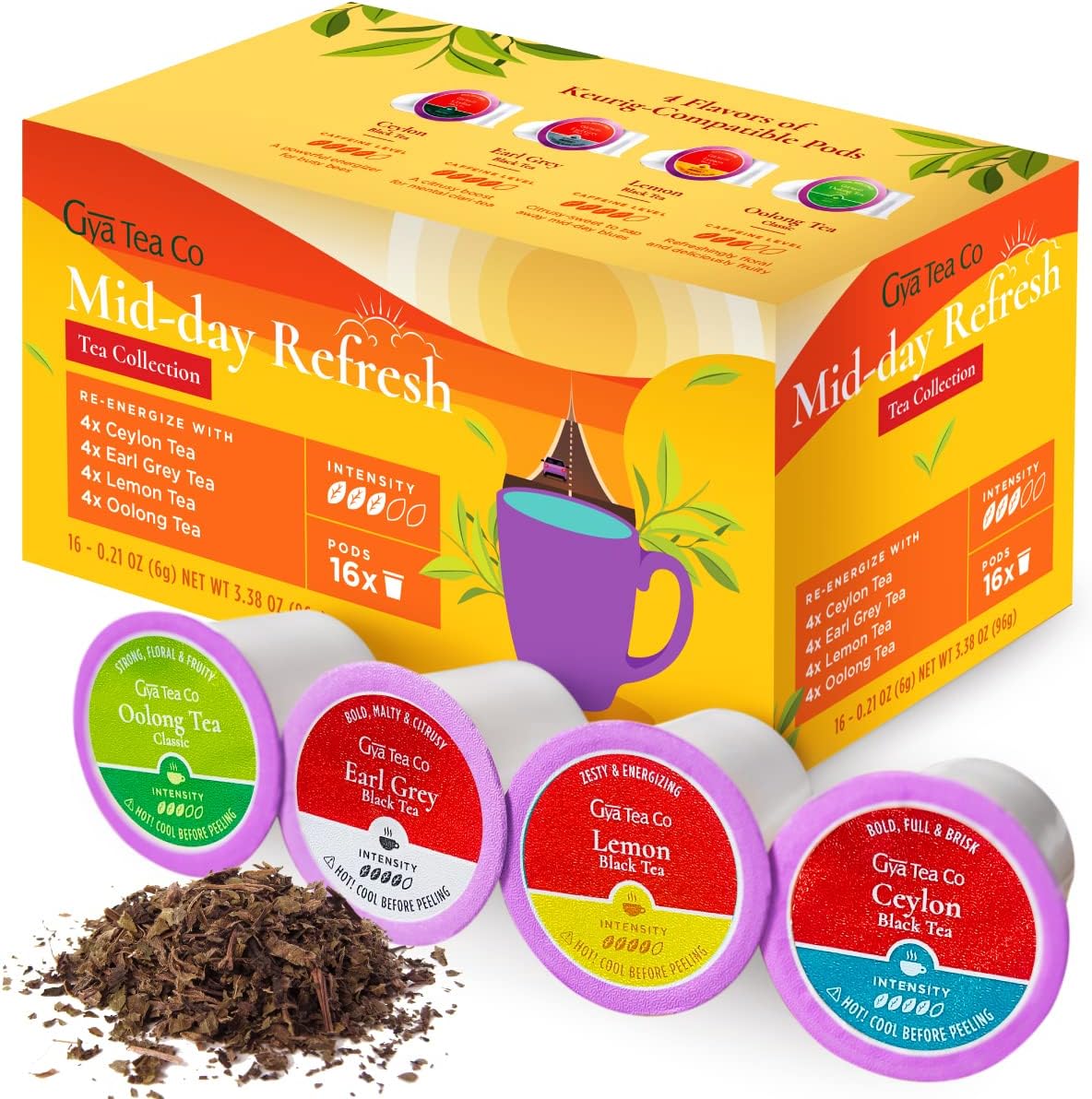 Gya Tea CoMid-Day Refresh Tea Gift Set (16 ct) - Assorted Tea Pod Variety Pack with Ceylon, Lemon, Oolong & Earl Grey 4 Flavors for Refresh & Energy
