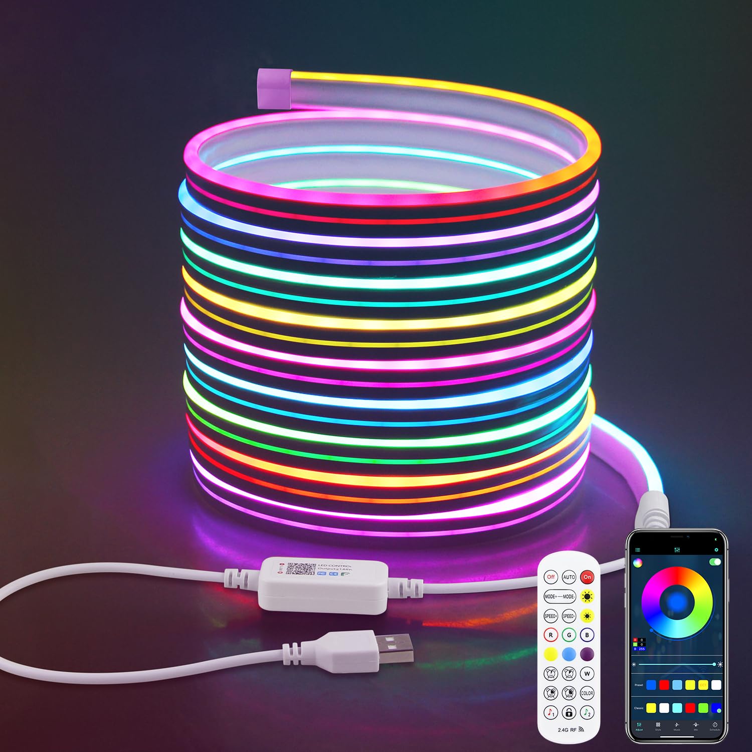 Aclorol LED Neon Strip Lights 5M 5V USB RGB LED Strip Light Waterproof Color Chasing and Music Sync with APP Remote Control for Gaming Room Living Room Indoor Outdoor Party DIY Lighting Decoration