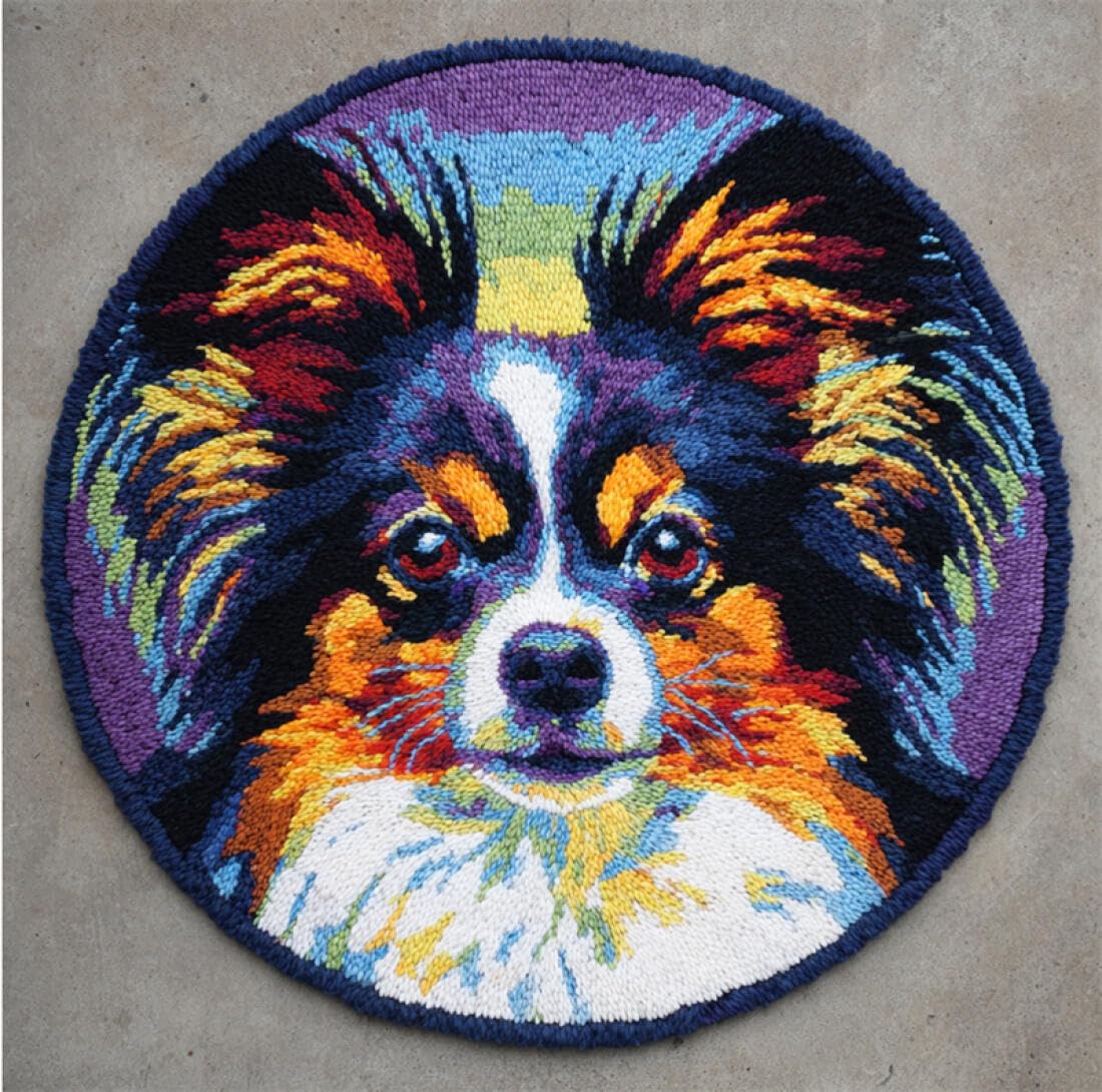 Rqwybcaxn DIY Latch Hook Rug Kit for Beginners Animal Crochet Starter Kit Colorful Papillon 60x60cm Round Pre-Printed Mesh Fabric Carpet Bedroom Home Decor