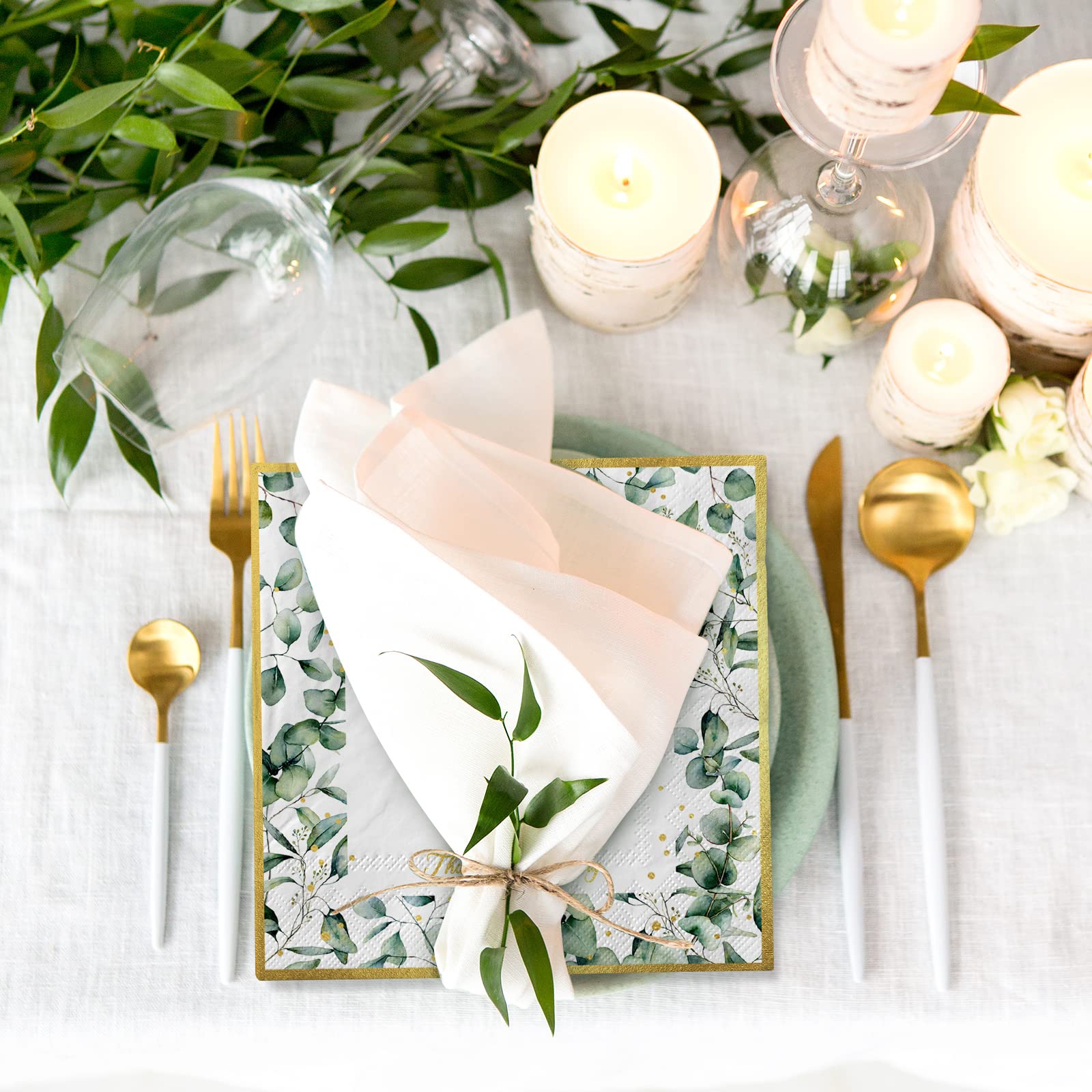 AnyDesign 100 Stück Hochzeit Servietten 16,5 cm grüne Folie Gold Mr & Mrs Luncheon Servietten Eukalyptus Blätter Einweg Dekorative Abendessen Papierservietten für Brautdusche Verlobung Hochzeit Party