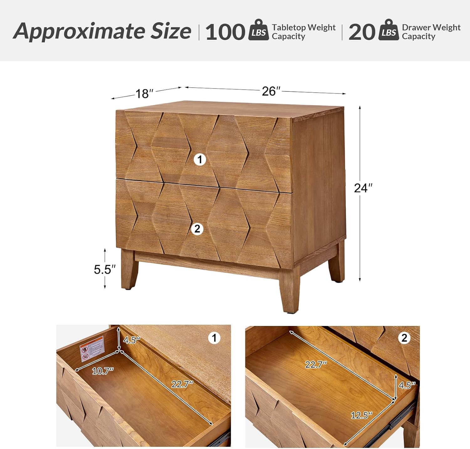 HULALA HOME Modern End Tables Set of 2 with Charging Station, 2 Drawers Side Table with Solid Wood Legs, Seadrift