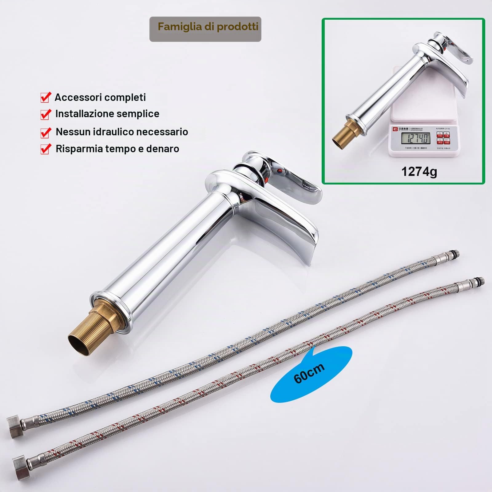 Rubinetto per lavabo, cromato alto, a cascata, in ottone anticato