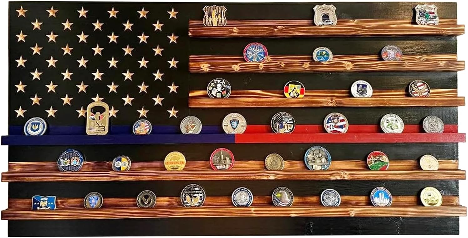 Split Thin Red/Blue Line Challenge Coin Holder Display, Wooden Shelves hold 90-100 Coins, for Military, Police, Law Enforcement, First Responders, Custom Handmade Quality, Made in Texas