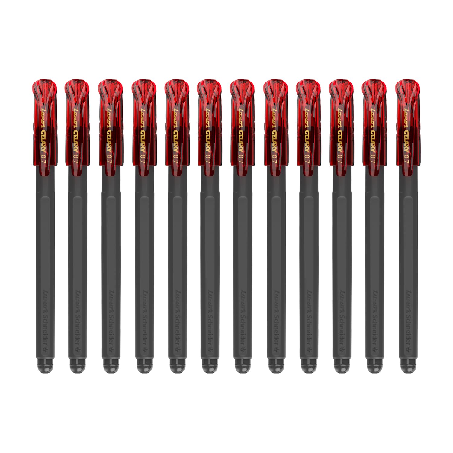 Luxor Schneider Gelaxy - Bolígrafo de gel recargable, paquete de 12 unidades, color rojo, escritura precisa de 0,7 mm, tinta de secado rápido, tecnología alemana, flujo de tinta consistente,