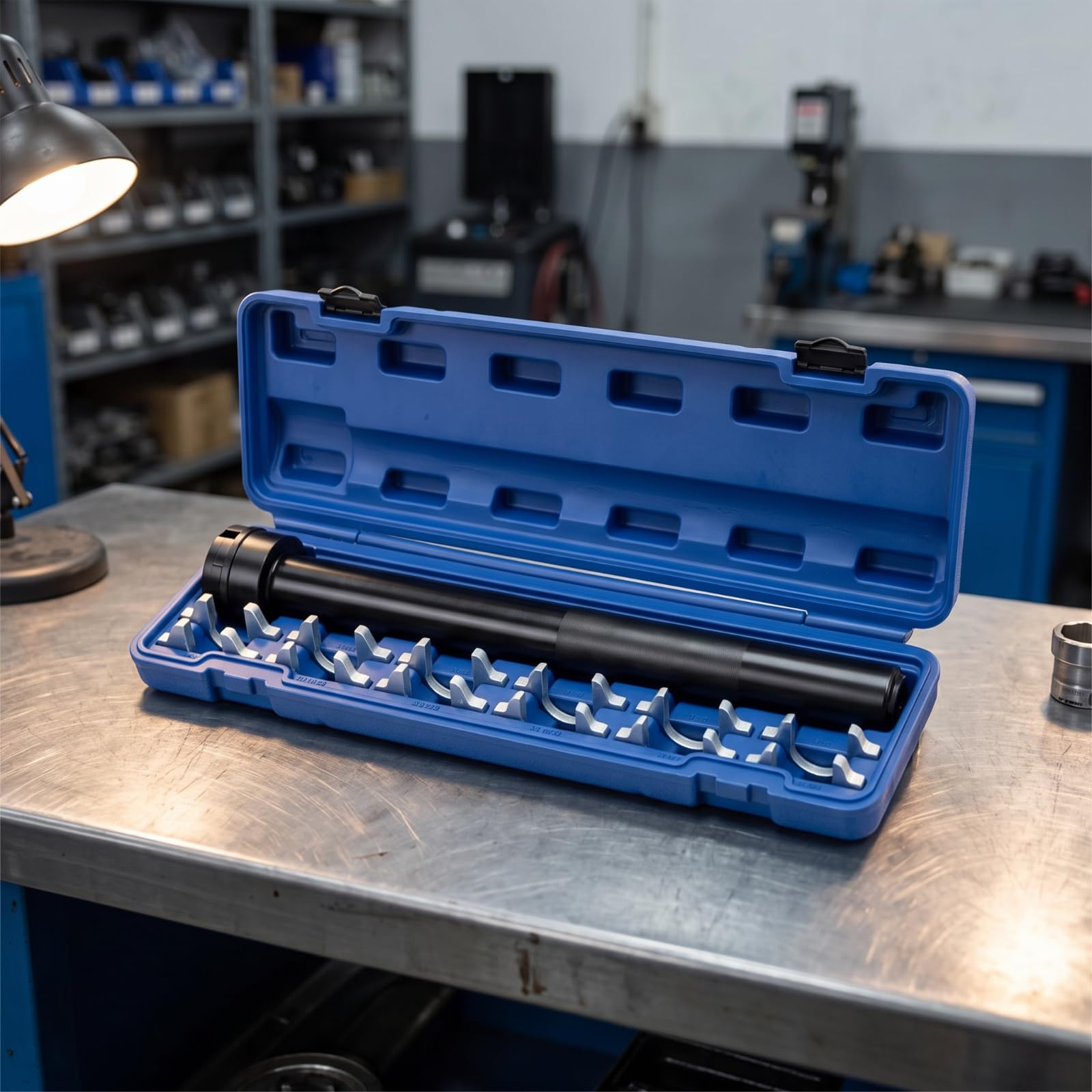 Lenkungsreparatur Schlüsselsatz mit Austauschbaren Silbernen Köpfen für Spurstangen Anpassung mit Robustem Schwarzem Metallhandgriff Und Blauem Koffer