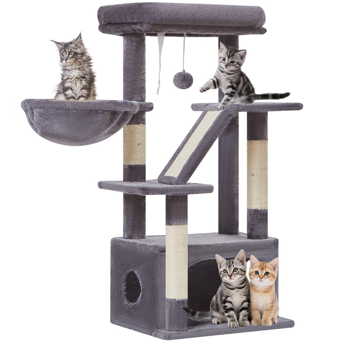 Taoqimiao キャットタワー 高さ98cm 低め ミニ 室内用 子猫向け キャットタワー 超スリム 省スペース 据え置き型 転倒防止付き 高い安定性 天然麻紐の猫の爪とぎボード 運動不足解消 調節可能ハンモックバスケット 猫ハウス サイザル麻爪とぎ ダークグレー MS029SG