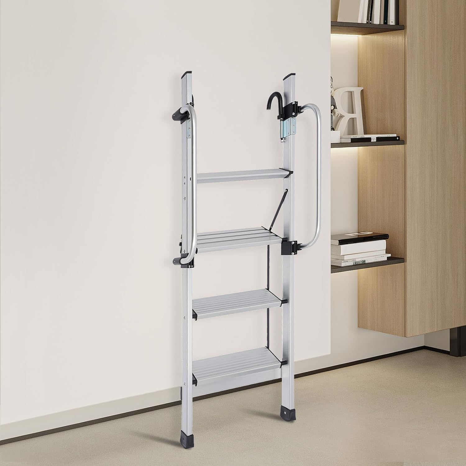 4.7FT Bunk Bed Ladder Universal 4 Step Ladder Aluminum Folding Bunk Ladder with Handrail and Wide Pedals, Heavy Duty Climb Ladders for Loft Truck Boat Dorm RV, Silver