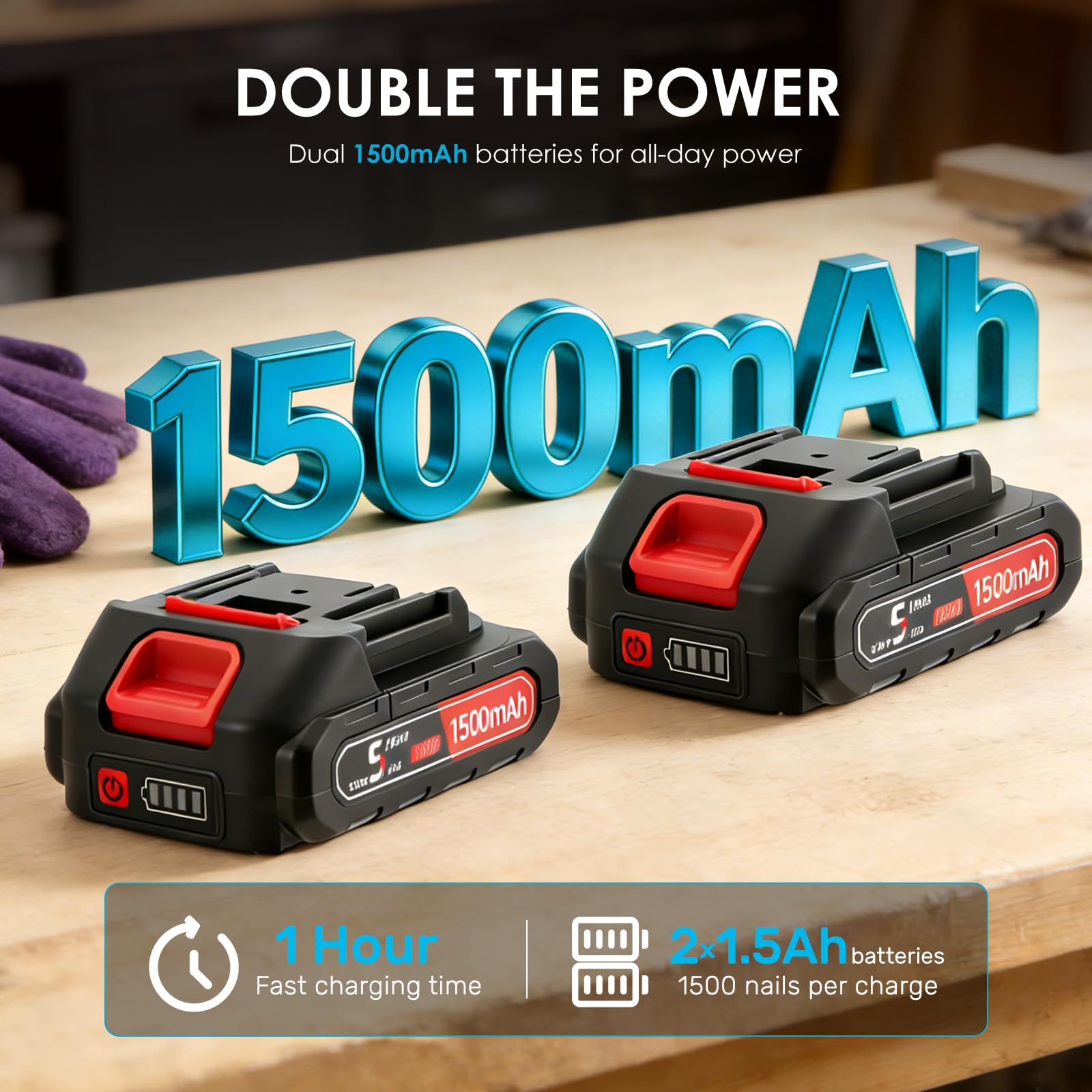 Pistola de clavos, 2 en 1, batería profesional con 1000 clavos y 1000 grapas, 2 x 21 V 1500 mAh, disparo individual/serie, grapadora eléctrica para decoración, construcción de muebles