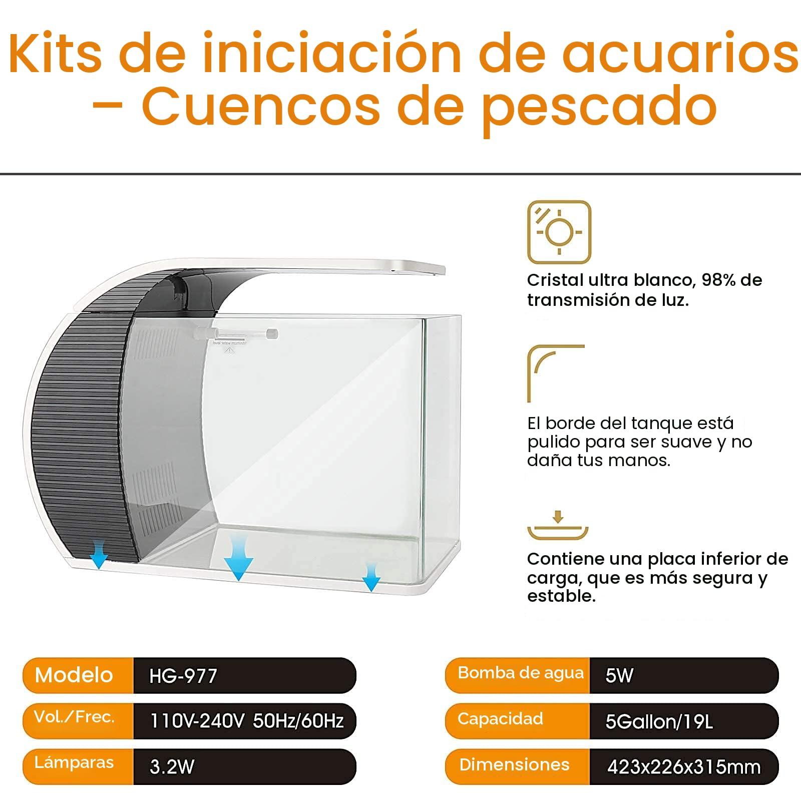 Hygger - Set de acuario de vidrio LED Fish Tank, 19 litros, acuario panorámico con frontal curvo y filtro oculto, iluminación LED (3 modos de color para elegir)