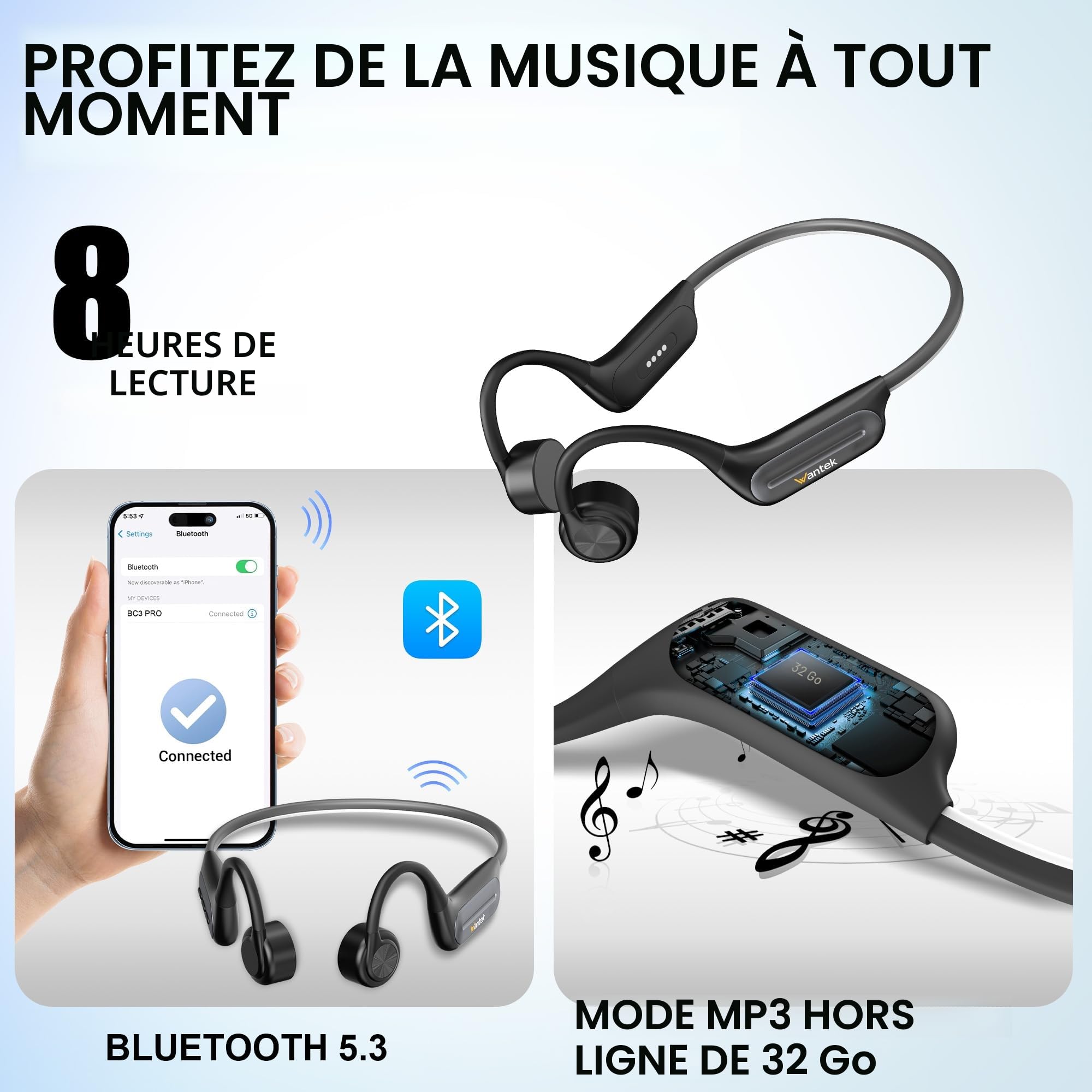 Wantek Casque Conduction Osseuse Open Ear Bluetooth 5.3 sans Fil, Écouteur Natation IP68 Étanche, Mémoire MP3 32G, pour Sport, Natation, Cyclisme, Course à Pied