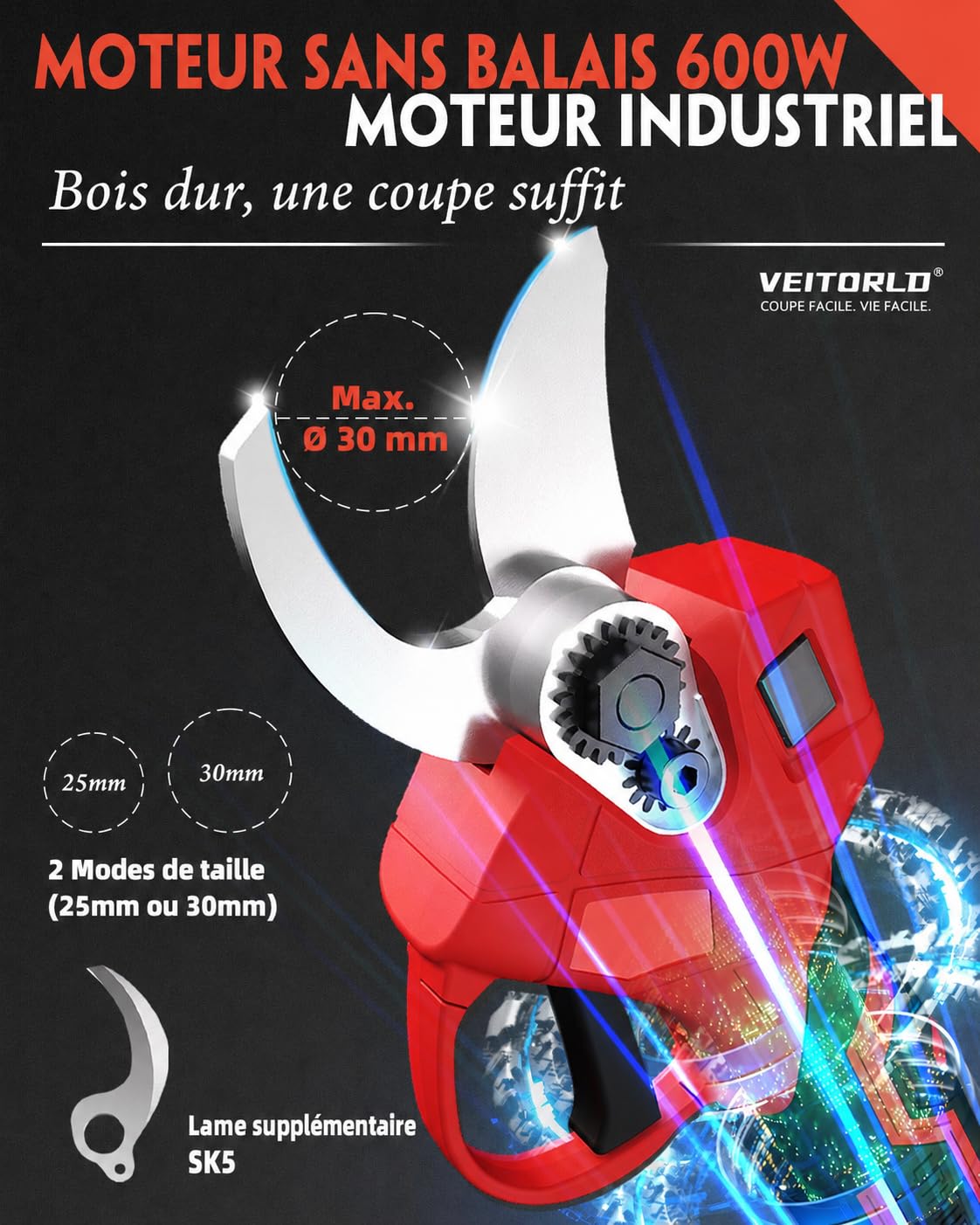 Veitorld Sécateur Électrique Sans Fil 30mm, Brushless, 2 Batteries 2000mAh