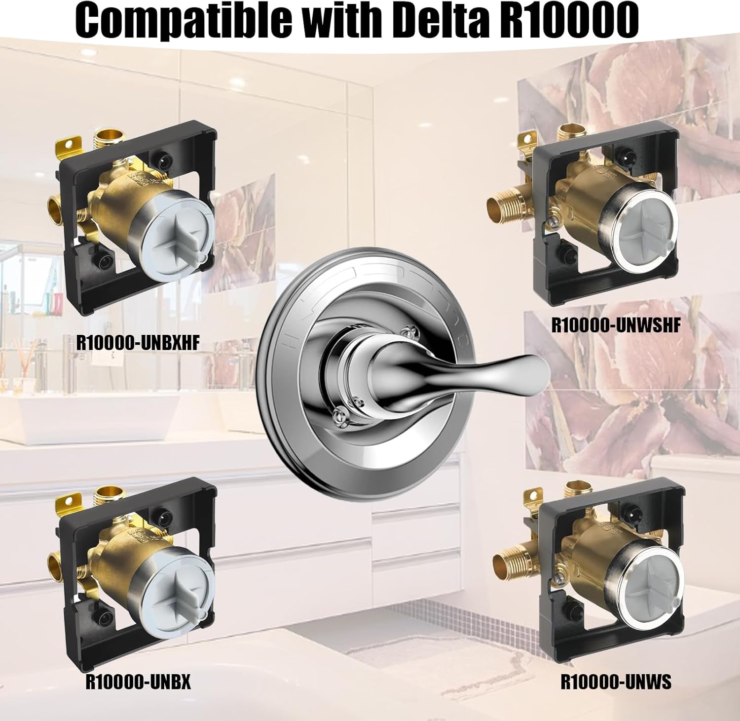 Compatibility Replacement Shower Handle for Delta R10000 Valve, Chrome Trim Lever Compatible with 13/14 Series, Cartridge and Valve Not Included (Chrome Color)
