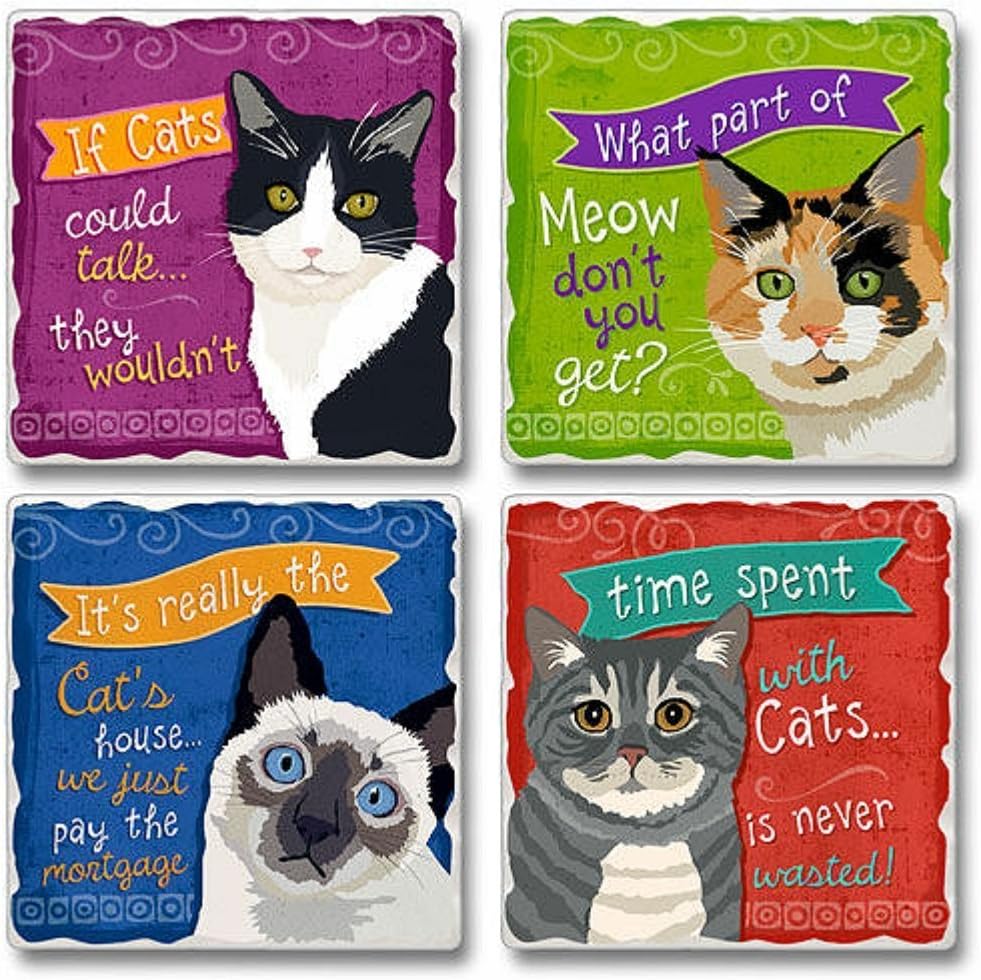 Cat Tales Square Assorted Tumbled Stone Coaster Set of 4, Highland Graphics