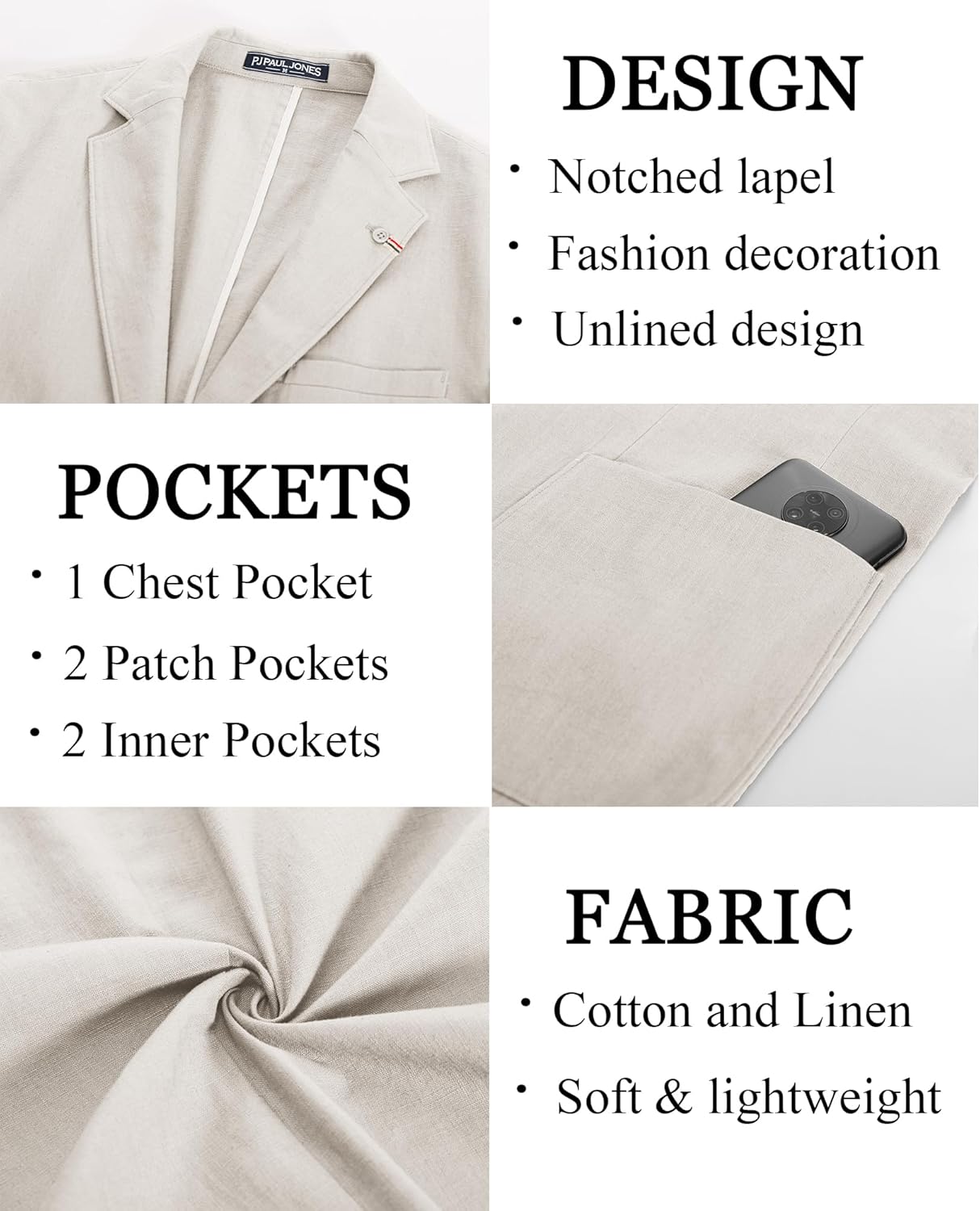 PJ PAUL JONES Mens Casual Blazer Lightweight Linen Sport Coat 2 Button Unlined Suit Jackets - Image 2