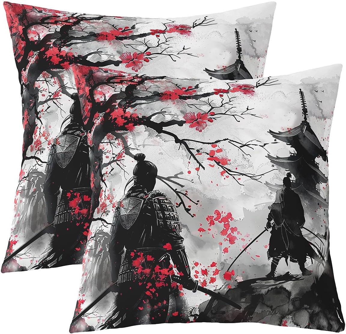 Feelyou Japanese Samurai Throw Pillow Covers 24"x24" Set of 2 Kids Japanese Ukiyoe Decorative Pillowcase for Boys Girls Cherry Blossoms Home Decor Cushion Cover Japanese-Style Outdoor Pillows Covers