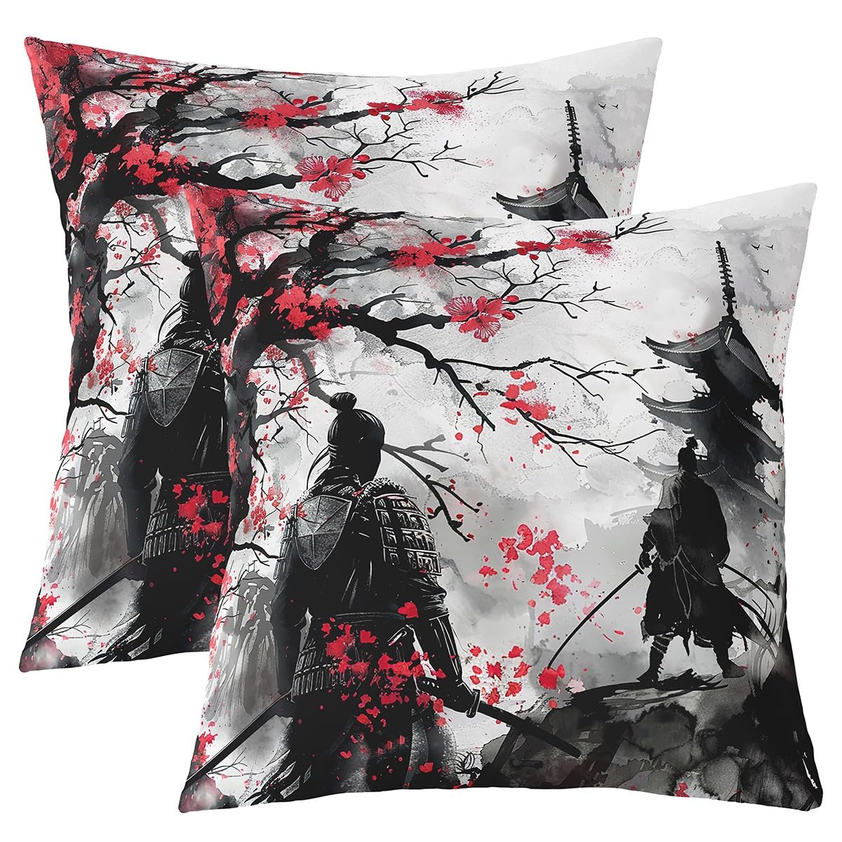 Loussiesd Japanese Samurai Throw Pillow Covers 60x60cm Set of 2 Kids Japanese Ukiyoe Decorative Pillowcase for Boys Girls Cherry Blossoms Home Decor Cus โ image 1