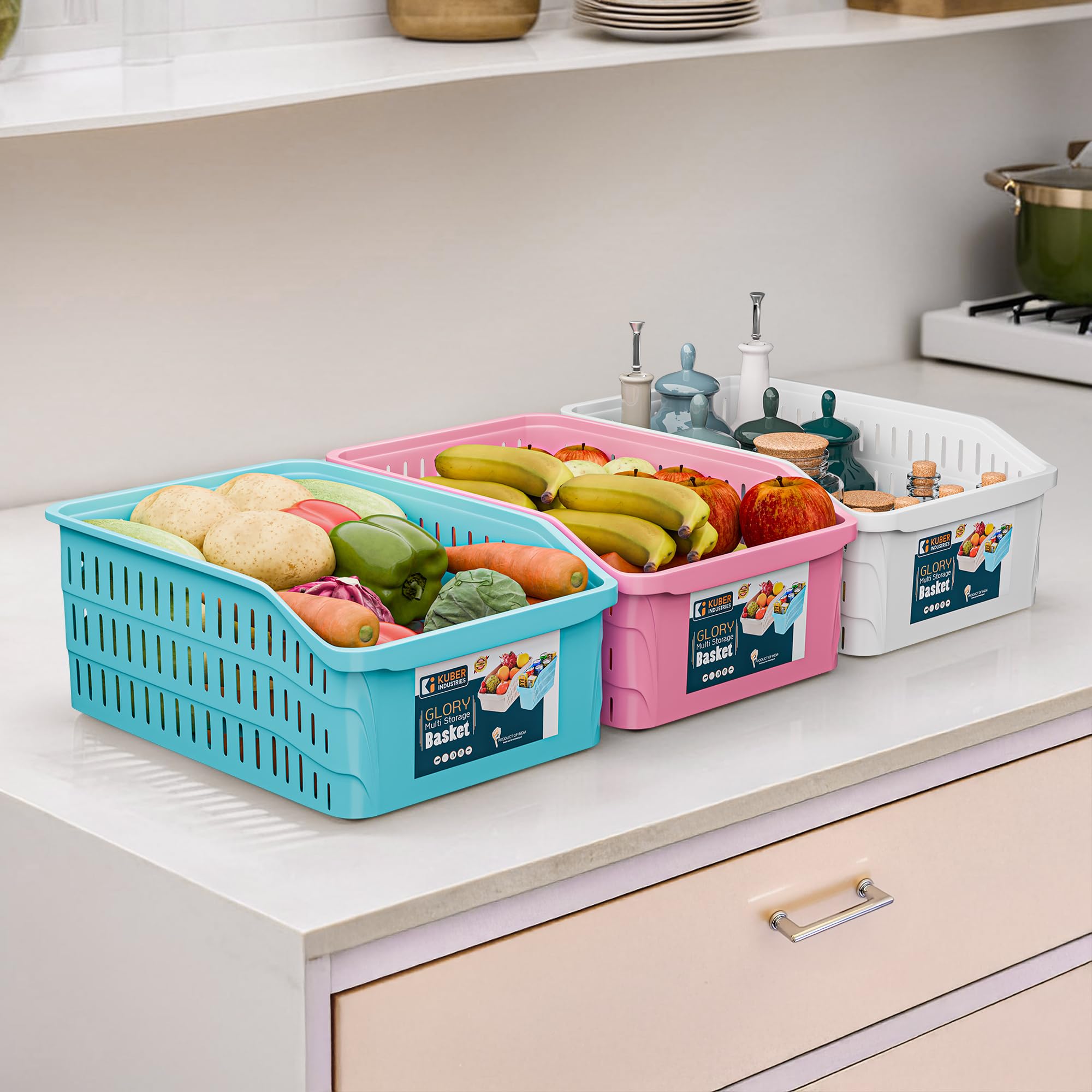 Kuber Industries 5000 ML Set of 3 Plastic Bpa Free Multipurpose Basket for Storage | Fruits and Vegetable Basket for Kitchen and Home Organiser | White, Pink & Skyblue