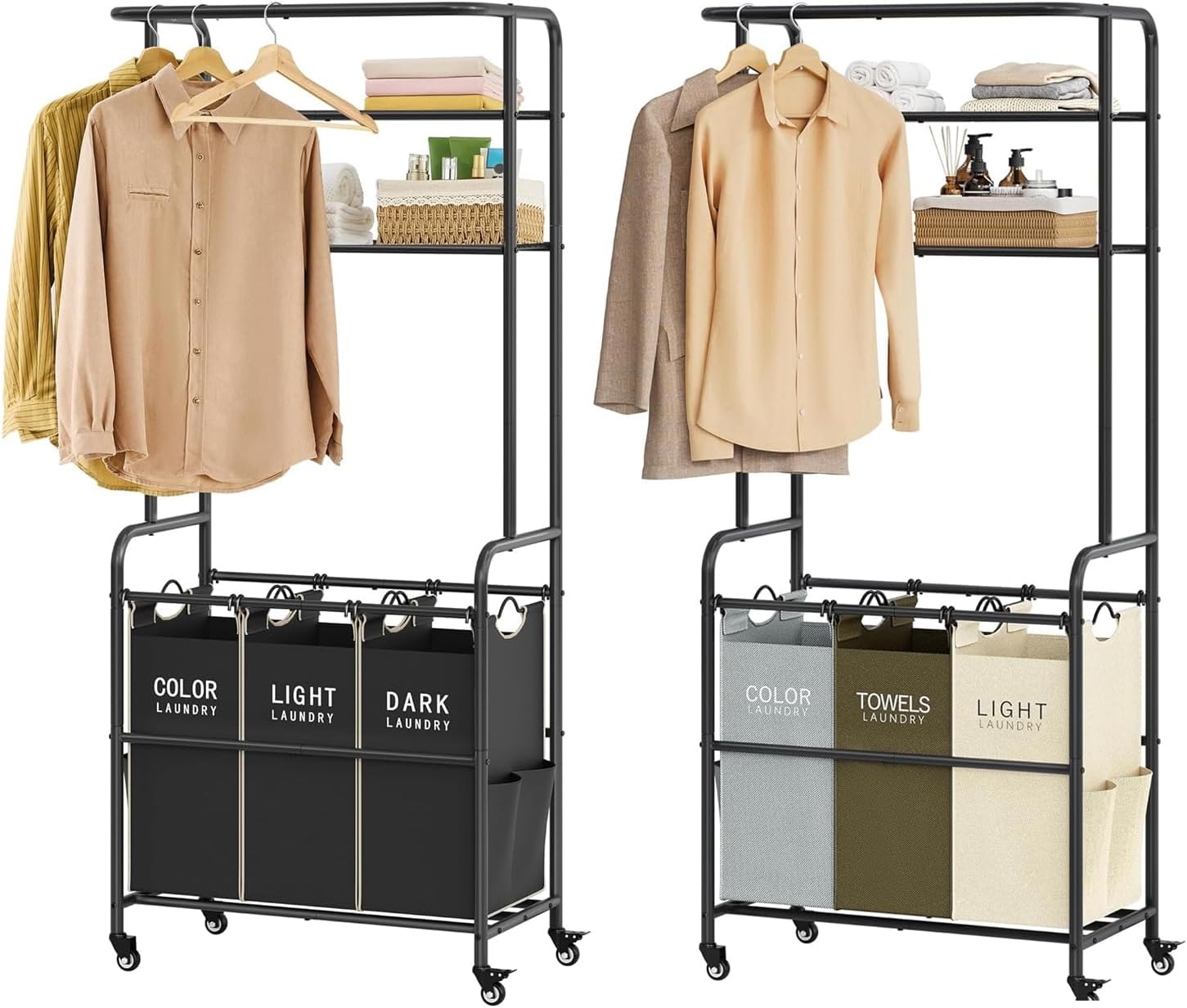 2-Packs Laundry Sorter 3 Section,aundry Hamper Cart with Hanging Rack,Heavy Duty Laundry Basket Organizer with Wheels