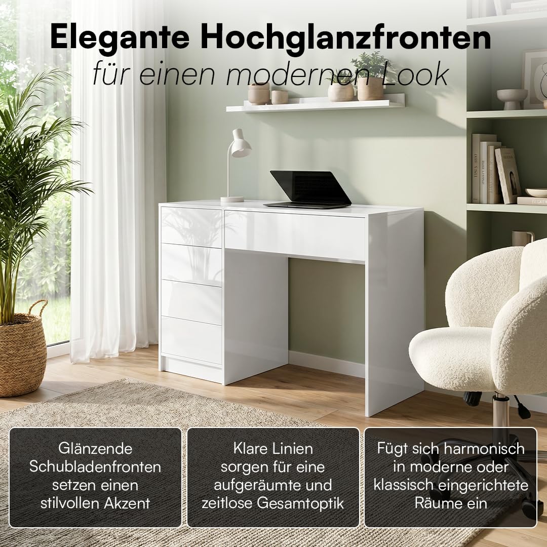 Bellamio Livny Schreibtisch Hochglanz Weiß mit 5 Schubladen, Bürotisch | Schminktisch, Jugendschreibtisch, 80x53x110 cm, Schubladen beidseitig montierbar, Schreibtisch mit Stauraum, White Desk