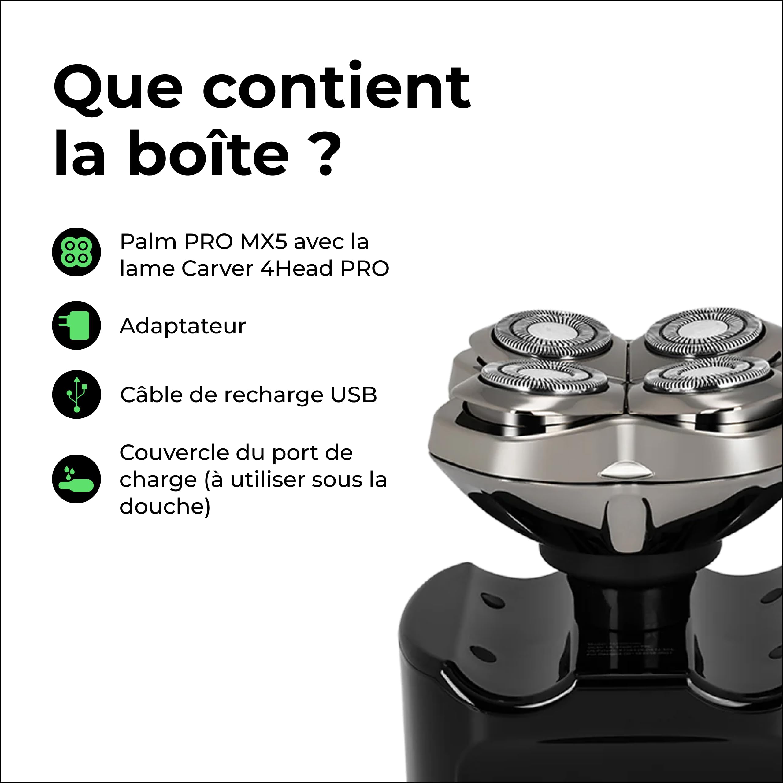 Skull Shaver Palm Pro MX5 Rasoir Visage et Tête - Sans Fil, Rechargeable, Utilisation Humide ou Sèche - Rasoir Électrique Homme, Charge USB - Kit Soin Homme - Lame Carver 4 Head Pro, Écran LCD | Sans Fil, Rechargeable, Utilisation Humide ou Sèche, Rasoir