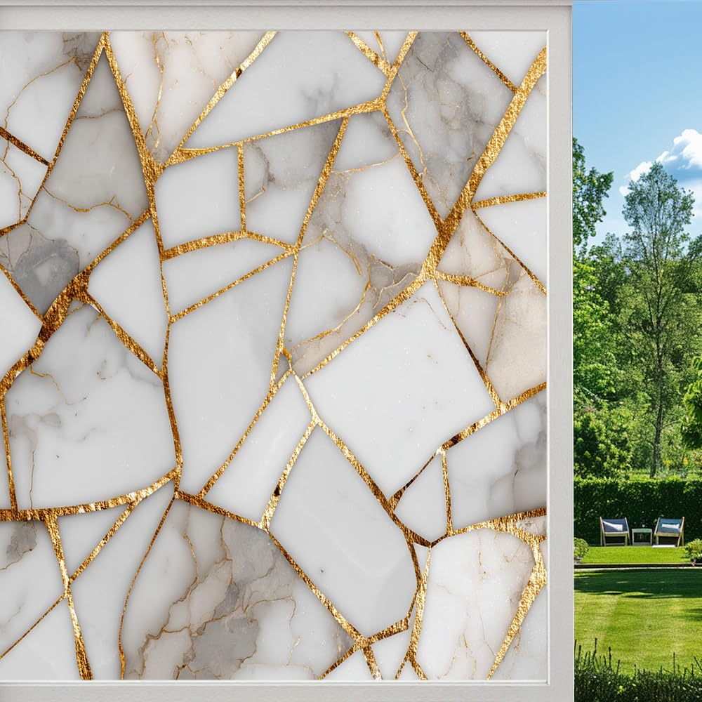 Contemporary Mosaic Privacy Window Film, Gold Line Marble Fragment Frosted Self-Adhesive Vinyl Cling for Glass Doors Bathroom Windows Sun Blocking Heat Control, （55x80cm）