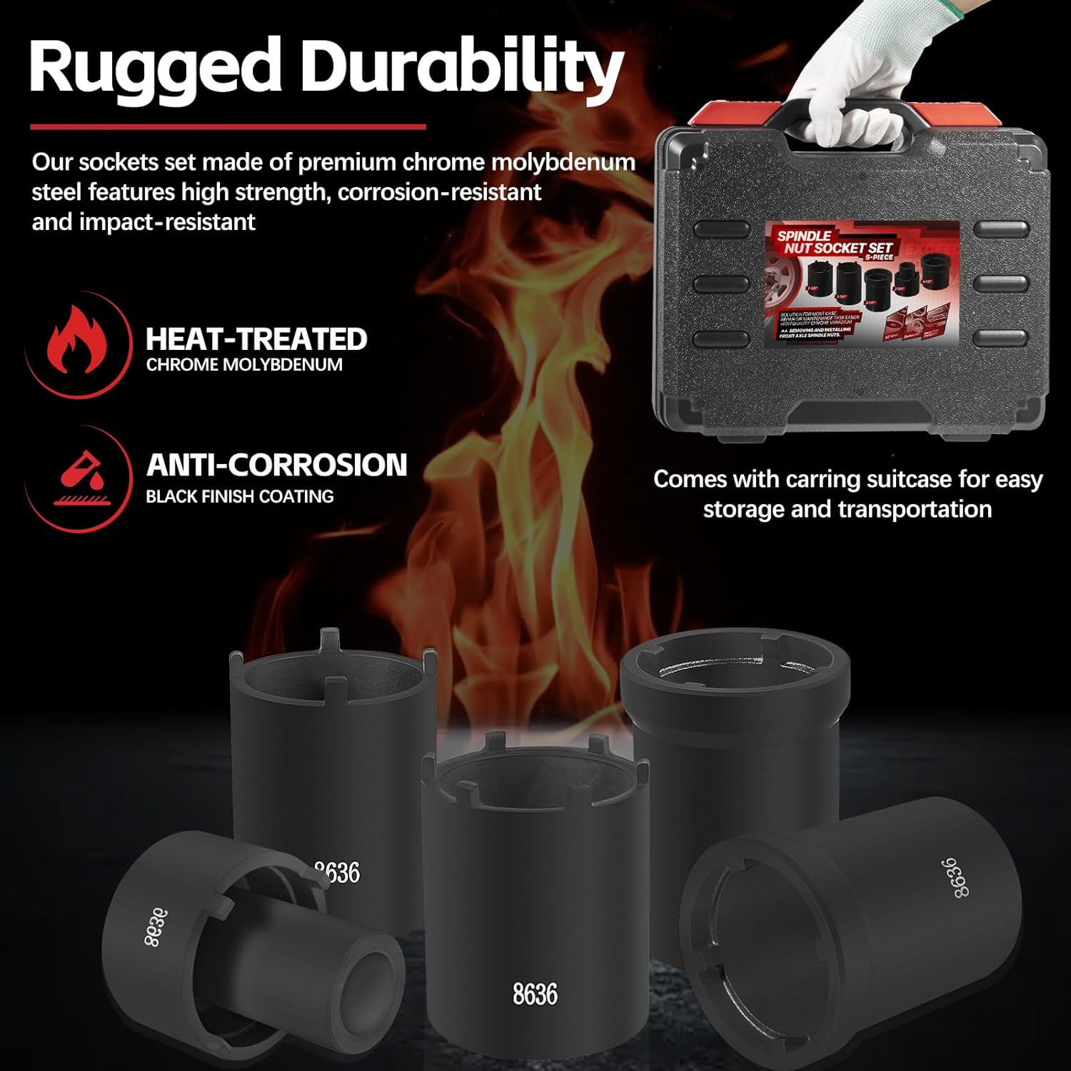 Spindle Nut Socket Tool Kit 5 Pcs Axle Hub Lock Nut Socket Set 1/2” Drive Wheel Drive Spindle Nut Remover Installer for Ford Dana 50/60, Chevy, and Dodge, Replace# 648636 Lug Out Spindle Socket Set