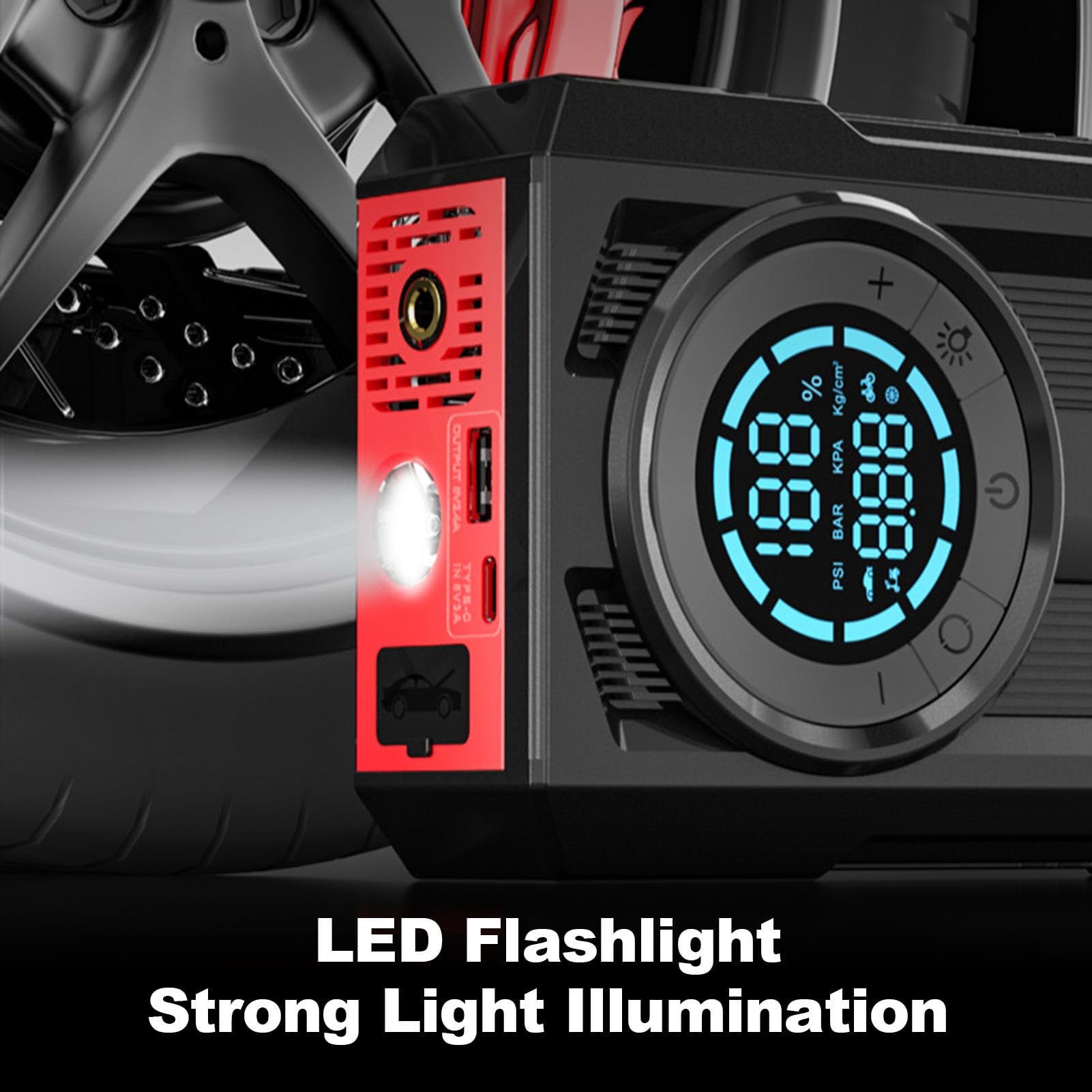 Lazmin112 Arrancador de BateríA de Coche de 2000 A, Banco de Energía de Emergencia Portátil con Compresor de Aire, Inflador de Neumáticos de 150 PSI, Luz LED de Carga Rápida de 45 W, para