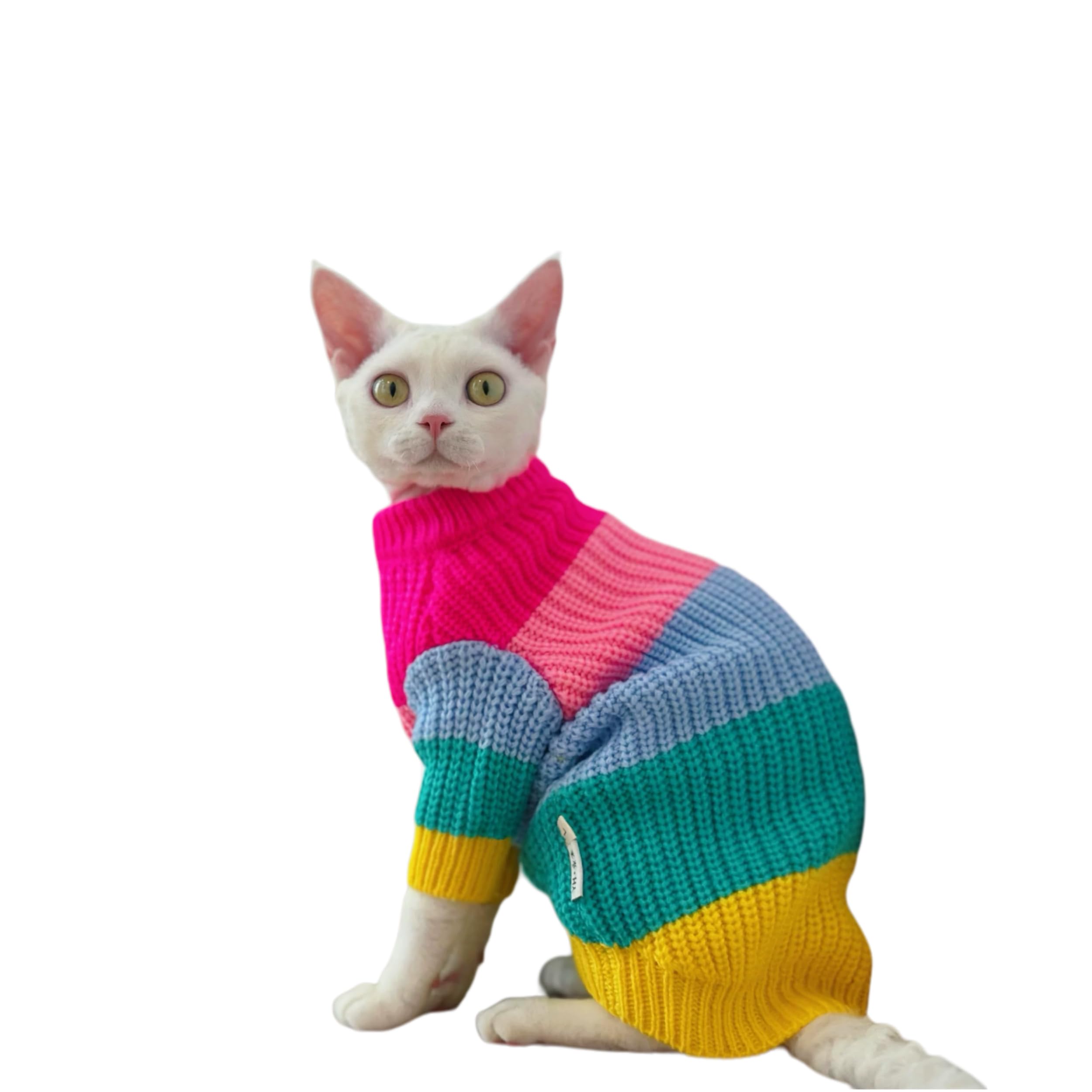 GigglyHouse Sphynx Cat Clothes, Colorful Knitted Sweater for Sphynx and Hairless Cat Breeds, Warm Winter Clothes for Cornish Rex and Devon Rex (L(5.5-