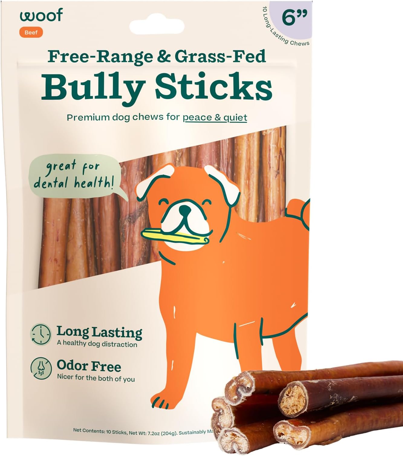 WOOF Bully Sticks - Chew Sticks for Dogs - Long-Lasting Dog Products - Made with Free-Range, Grass-Fed Beef - 6" Sticks - 10pk