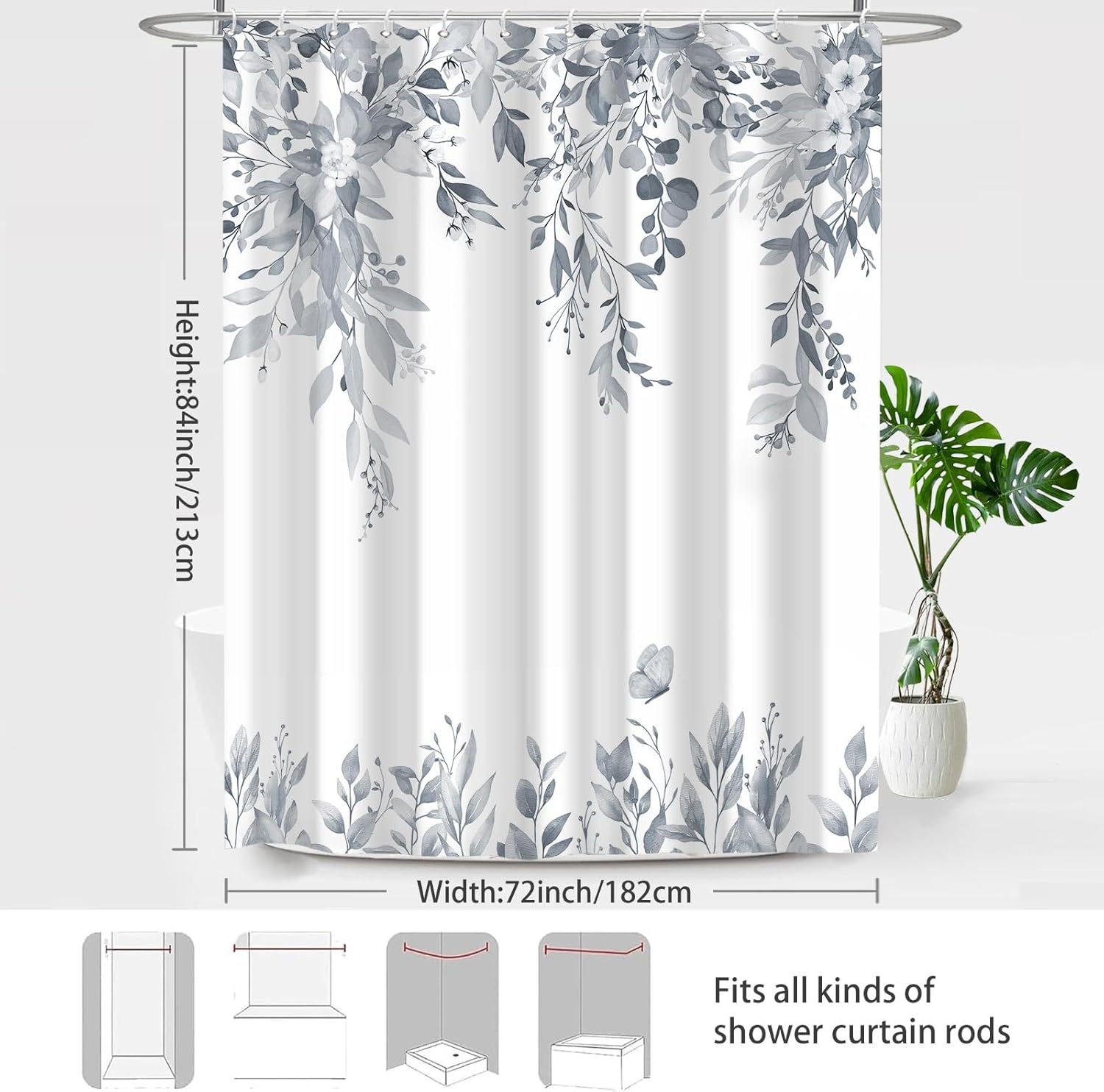Eucalyptus Shower Curtains for Bathroom, Light Grey Watercolor Leaves with Floral Shower Curtain Sets with Hooks, Waterproof Fabric Botanical Bathroom Decor, 72x84 Inches
