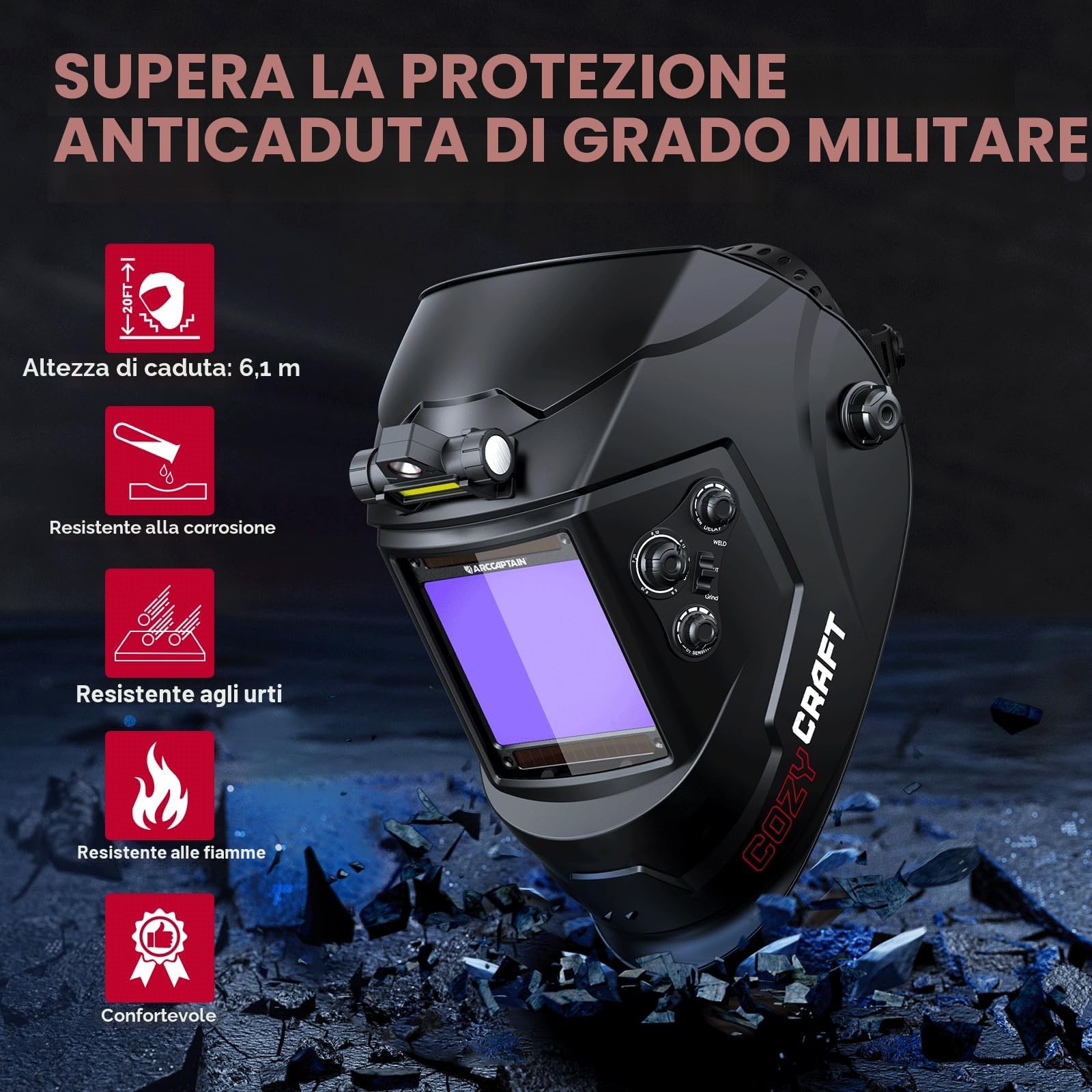 ARCCAPTAIN 10 x 9,3 cm, casco per saldatura auto oscurante, ad energia solare, cappuccio per saldatura a colori veri, casco per saldatore con chiarezza ottica 1/1/1/1, 4 sensori ad arco largo 4/5-9/9