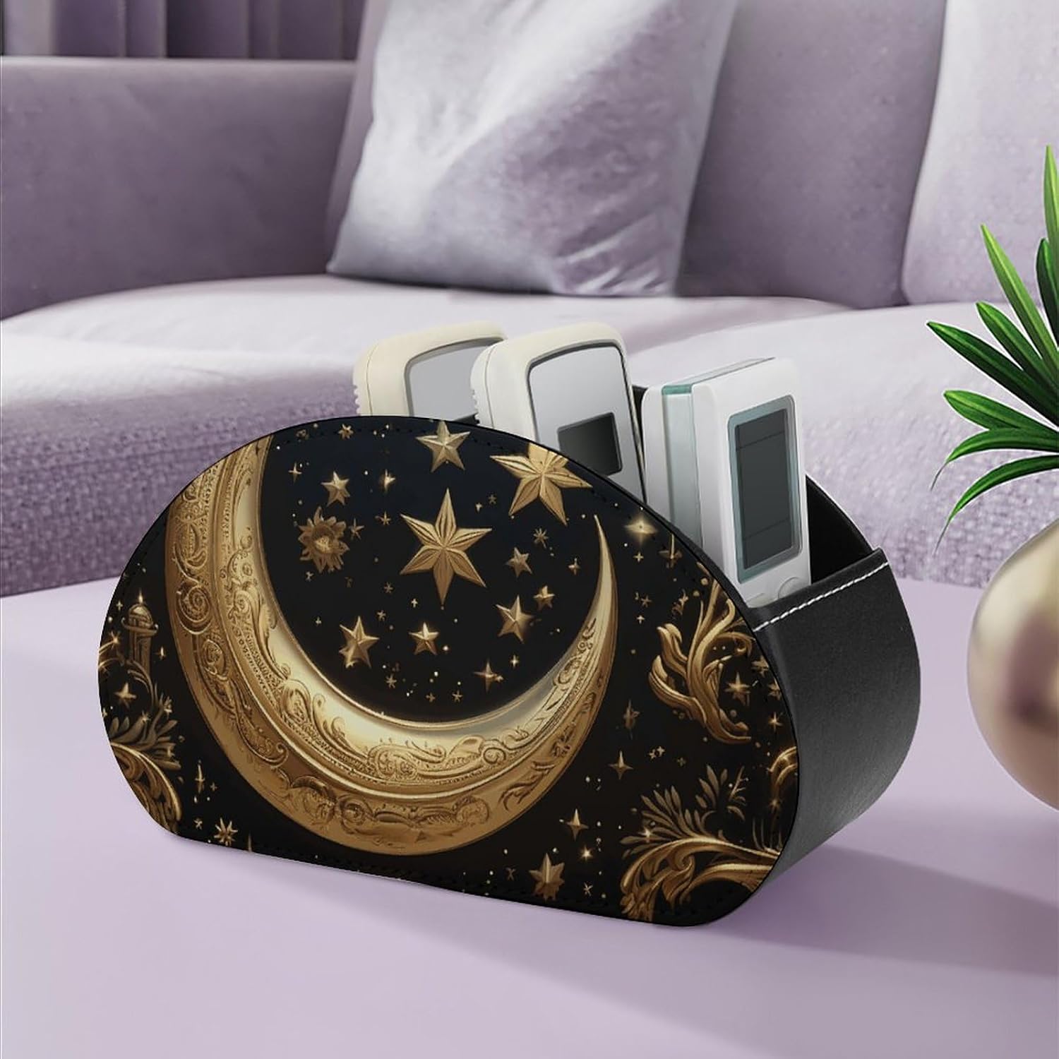 Golden Stars And Moon PU Remote Storage Caddy with 5 Compartments image 5