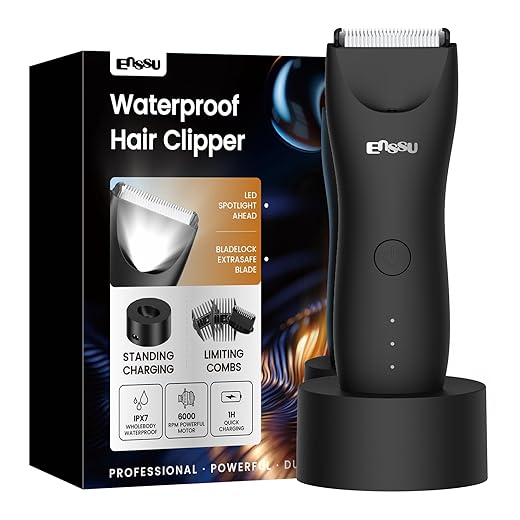 ENSSU Body Trimmer para homens, aparador elétrico para a virilha com lâmina cerâmica segura para a pele, à prova d'água para peito, barba e pelos pubianos, com base de recarga (Preto)