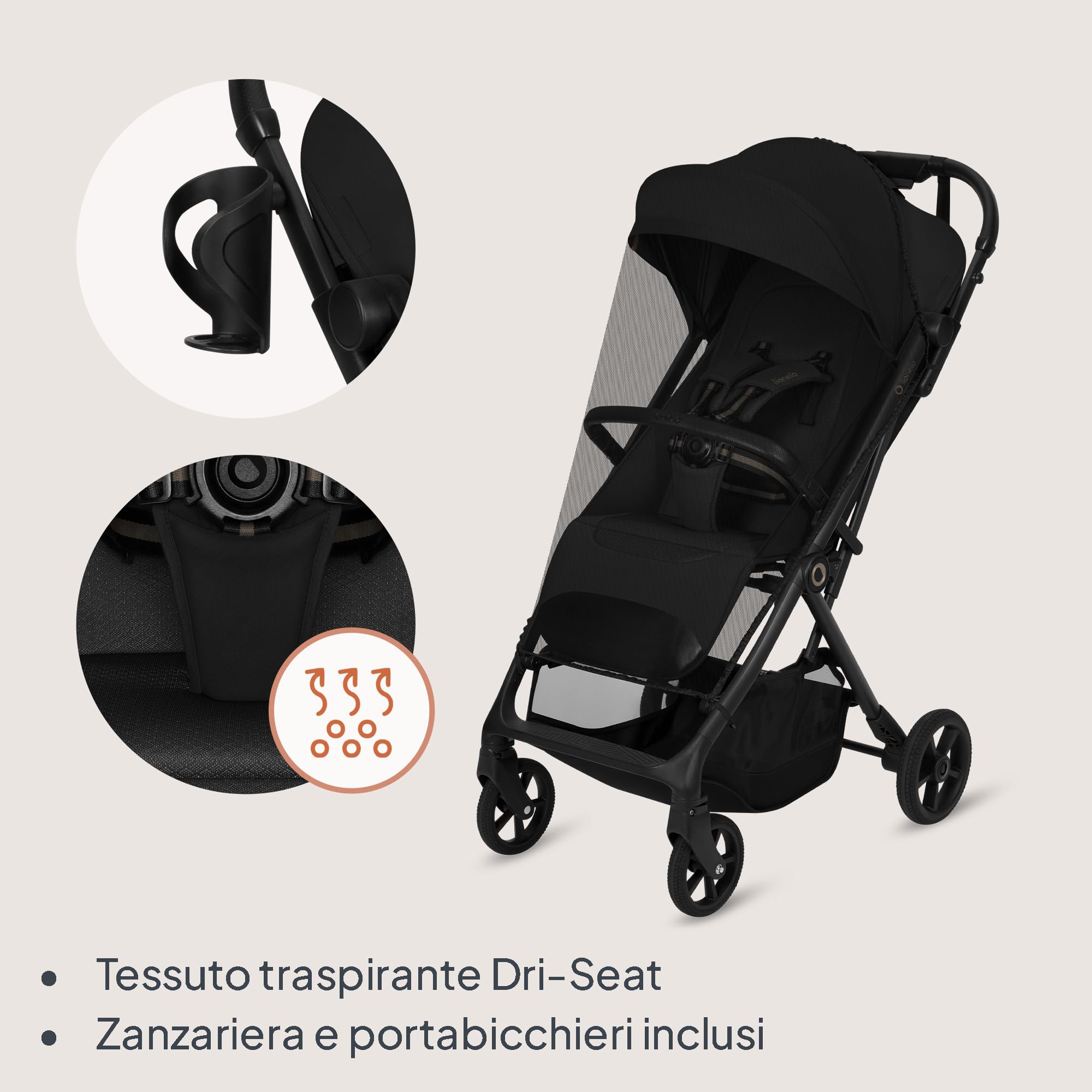 Lionelo TANSI Passeggino Leggero Compatto fino a 22 kg Pieghevole con Chiusura Automatica a una Mano, Ruote GravelTech Ammortizzate, Schienale Reclinabile, Cappottina Ventilata, Dri Seat Traspirante