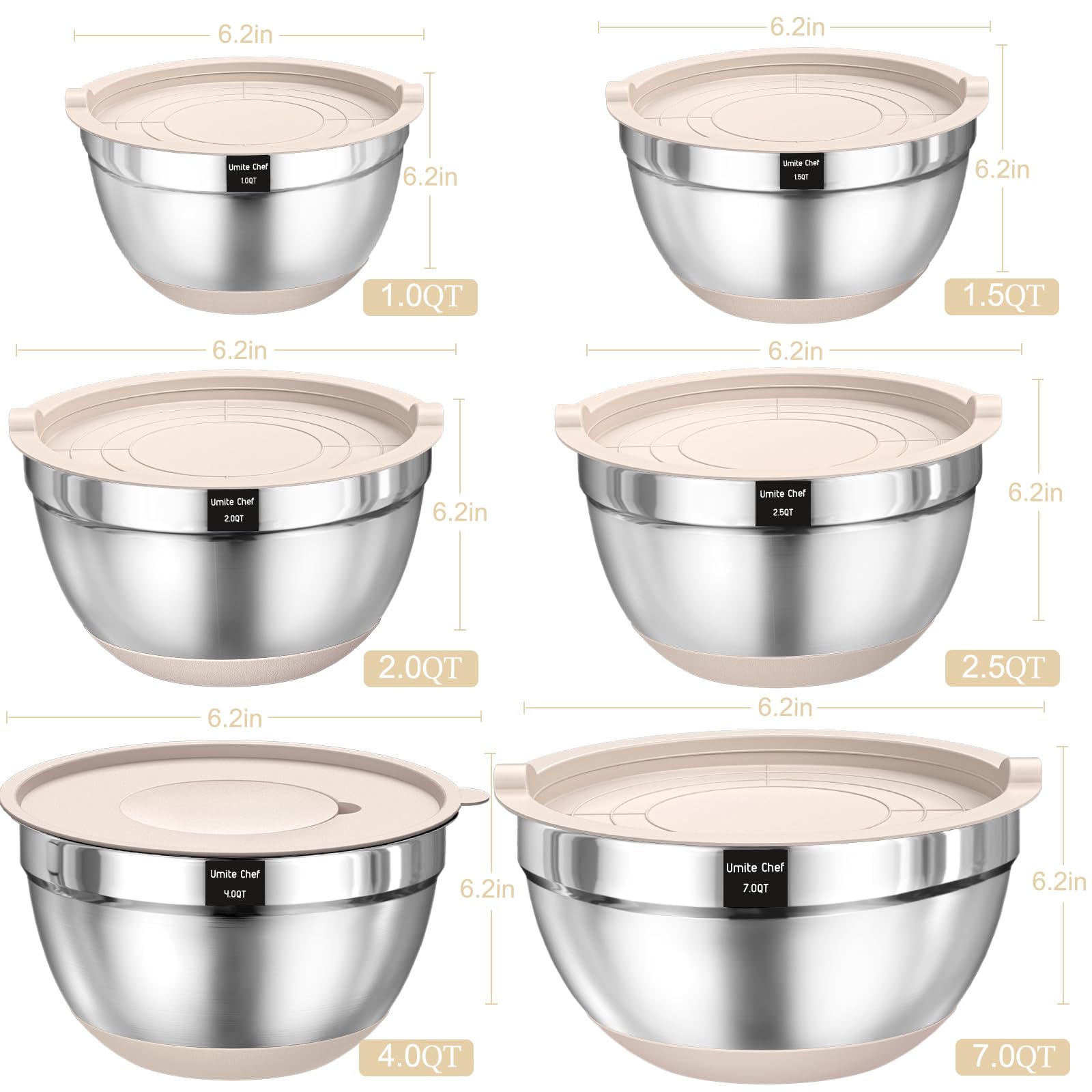 Rührschüsseln mit luftdichtem Deckel-Set, 26 Stück Edelstahl-Khaki-Schalen mit 3 Reibe-Aufsätzen, rutschfeste Unterseite und Küchenhelfer-Set, Größe 7, 3.5, 1QT, ideal zum Mischen und Mischen Erving