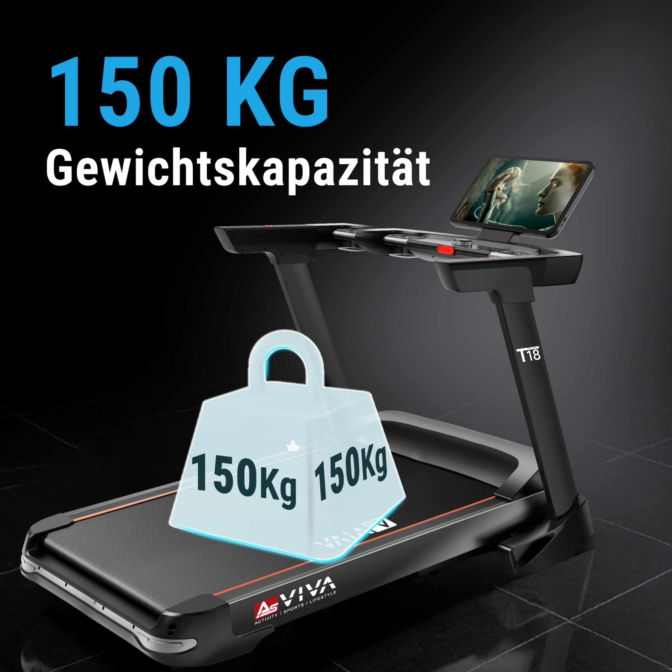 AsVIVA T18 – składana elektryczna profesjonalna bieżnia z ekranem dotykowym 21,5", silnik 7 KM, 20 km/h, nachylenie 15%, do 150 kg