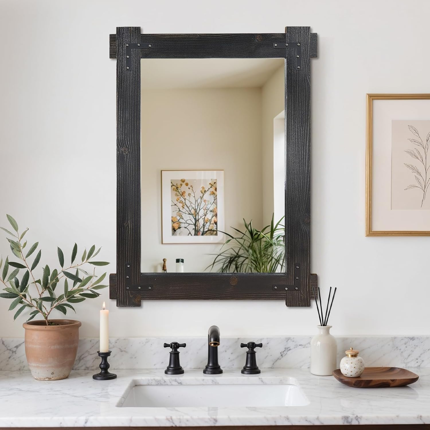 32x24 Inch Solid Wood Hanging Mirror, Wooden Frame Vanity Mirror for Bathroom, Bedroom, Black