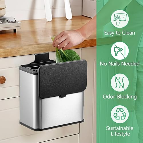 Miniatura 4 de Contenedor de compostaje para cocina, contenedor de compost de acero inoxidable, contenedor de compost interior con 1 filtro de carbón adicional,
