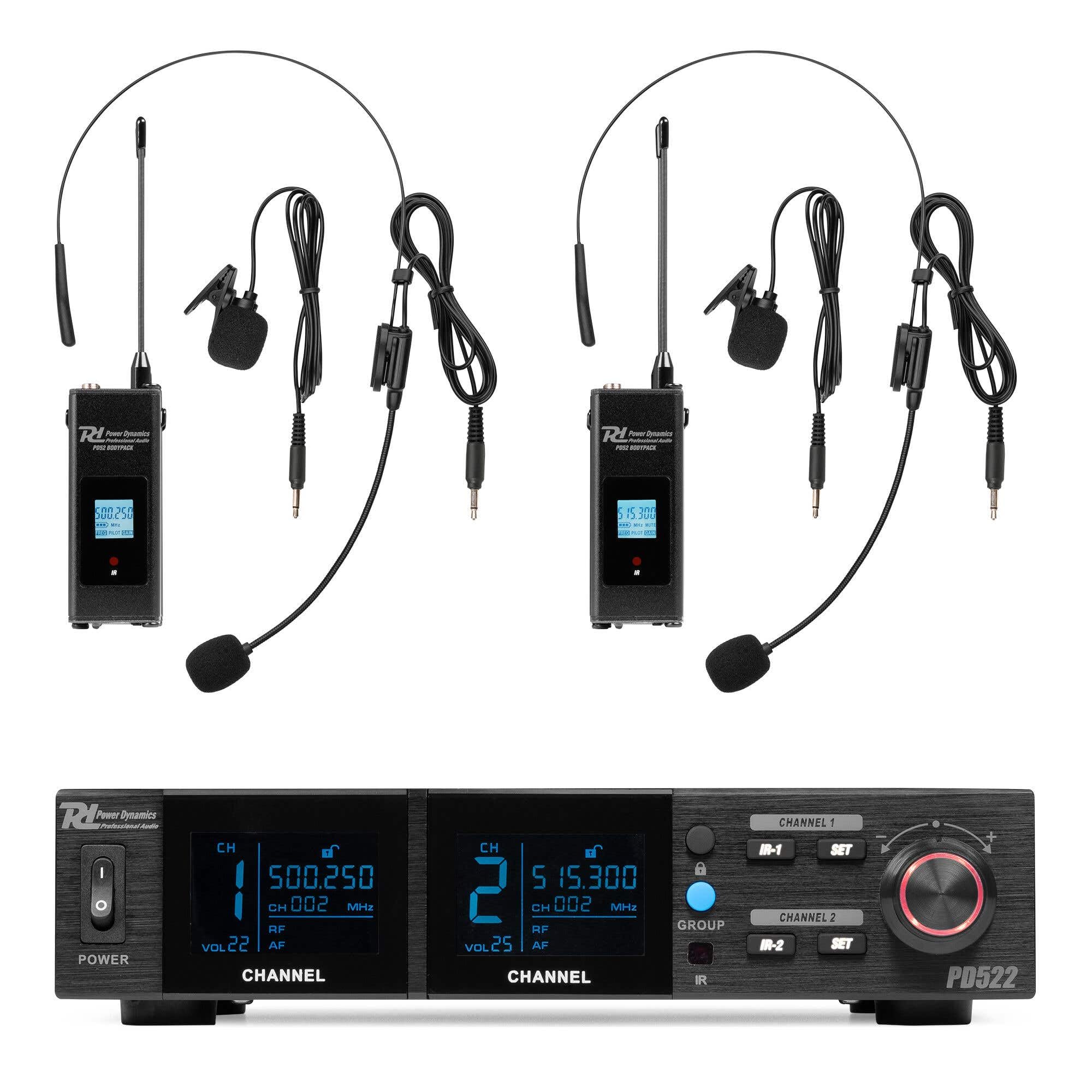 Power Dynamics PD522B - Sistema microfonía UHF Profesional con 2 petacas, Diadema y Solapa, 100 Canales, Receptor con Salida XLR, baterías Recargables, Montaje en Rack, sin Licencia