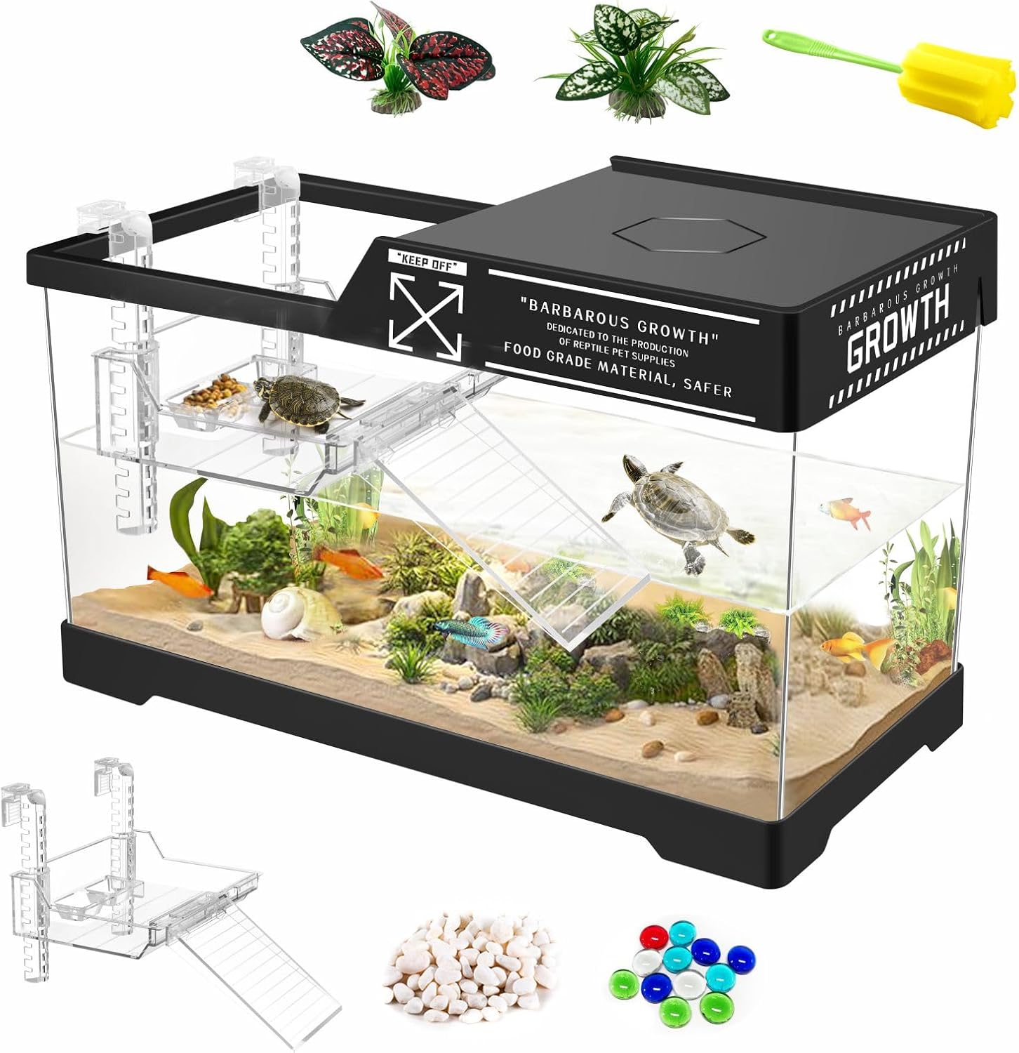 Aquatic Turtle Tank,Upgrade PC Turtle Tank Starter Kit, Reptile Habitat with Lid,Hanging Basking Platform, Bottom Drainage for Turtles,Crabs,Shrimps and Small Reptiles. (15.75×7.9×9”/Black)