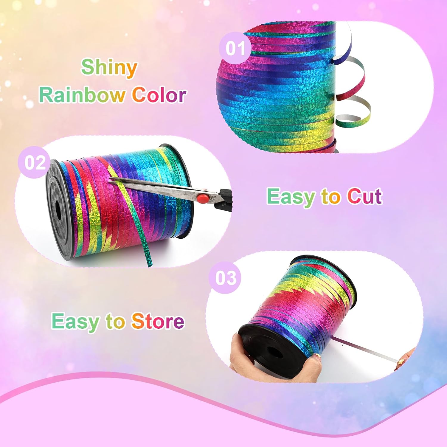 Gift Ribbon, 457 Metres of Gift Ribbons, 5 mm Ruffle Ribbon, Curling Ribbon, Rainbow, Ribbon, Shiny Colourful Glitter, Balloon Ribbon for Gift Wrapping, Bows, Wedding Decoration