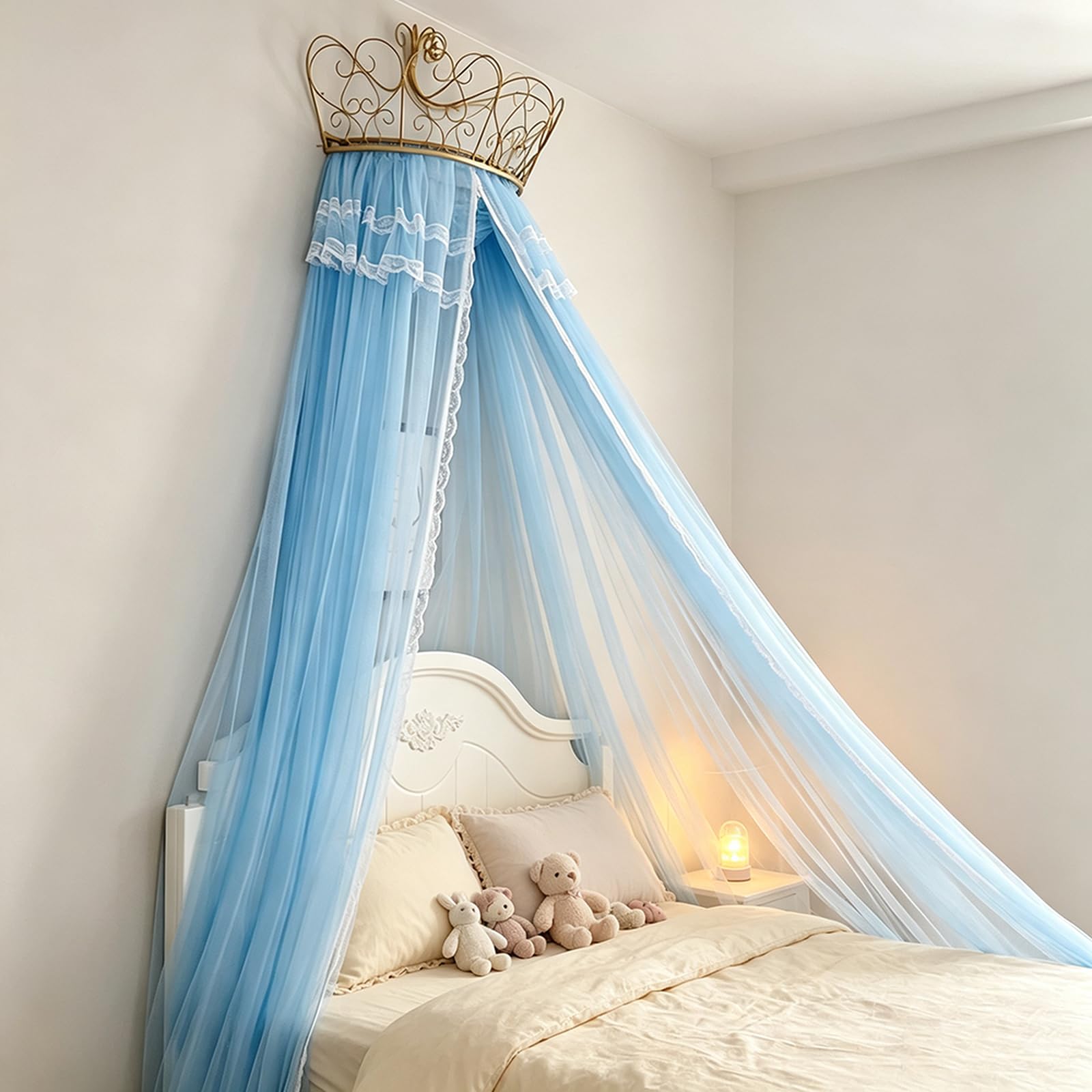 SDCGB Bed Canopy for Girls Room, Premium Bed Canopy Curtains with Metal Crown, Princess Tents Bed Canopy Valance, Blue