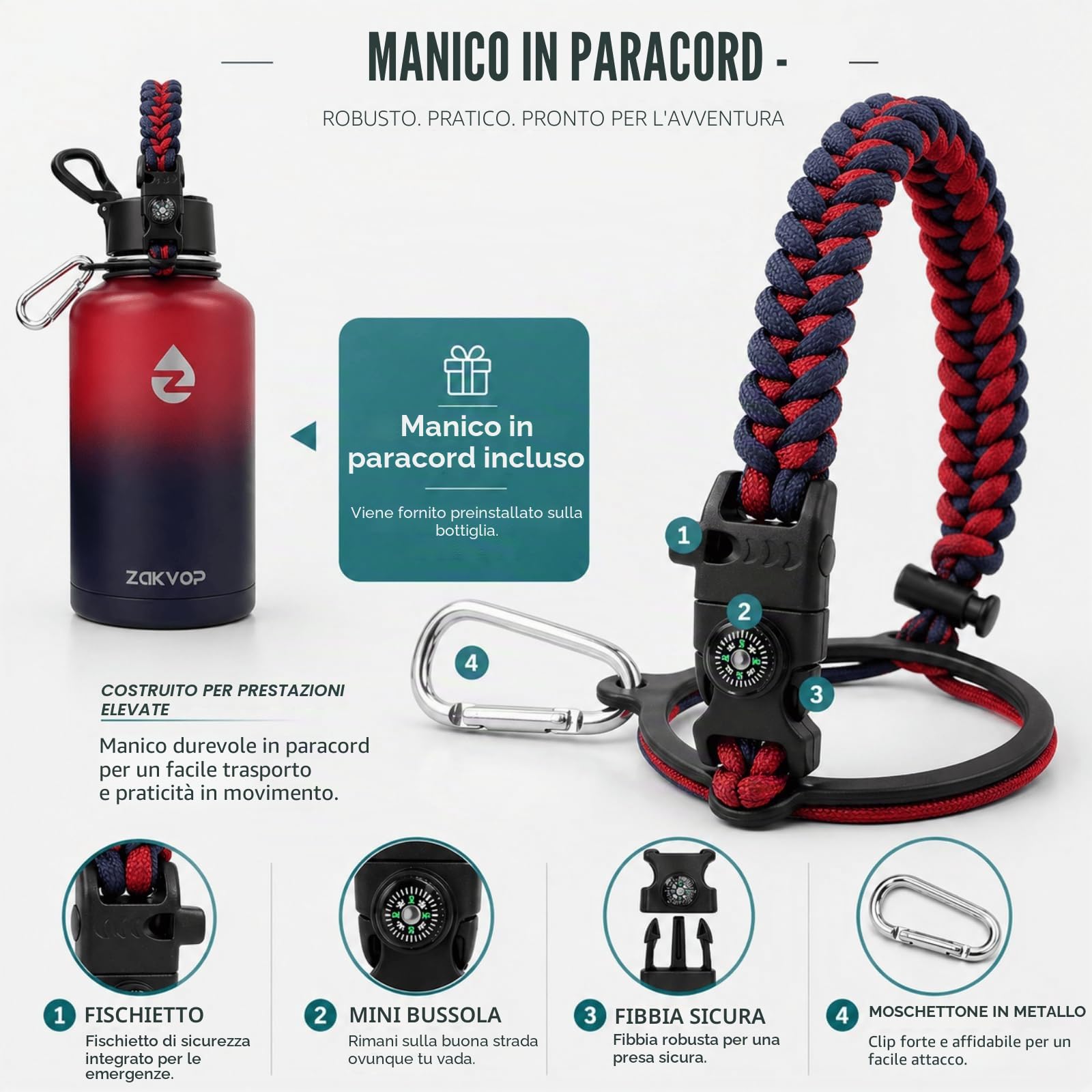 Borraccia Termica 2 Litri con Cannucce e 3 Coperchi, Borraccia Acciaio Inox con Manico in Paracord, Bottiglia Termica con Spazzole per Palestra, Escursionismo, Campeggio (Rosso+Viola)