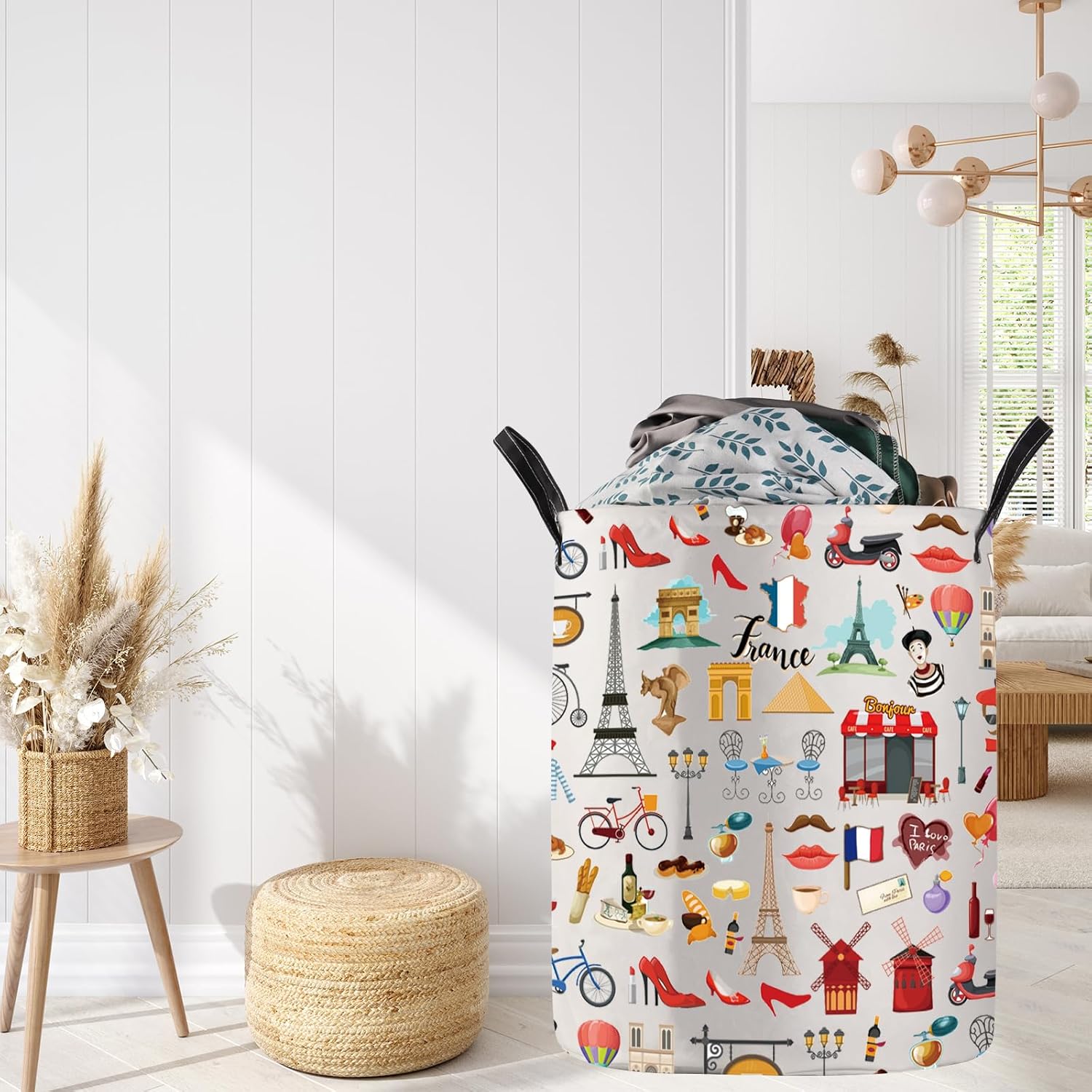 G2TUP France Travel Foldable Laundry Basket Paris Landmarks Gift France Paris Traveler Storage With Handles Basket French Souvenir Merch (France LB)