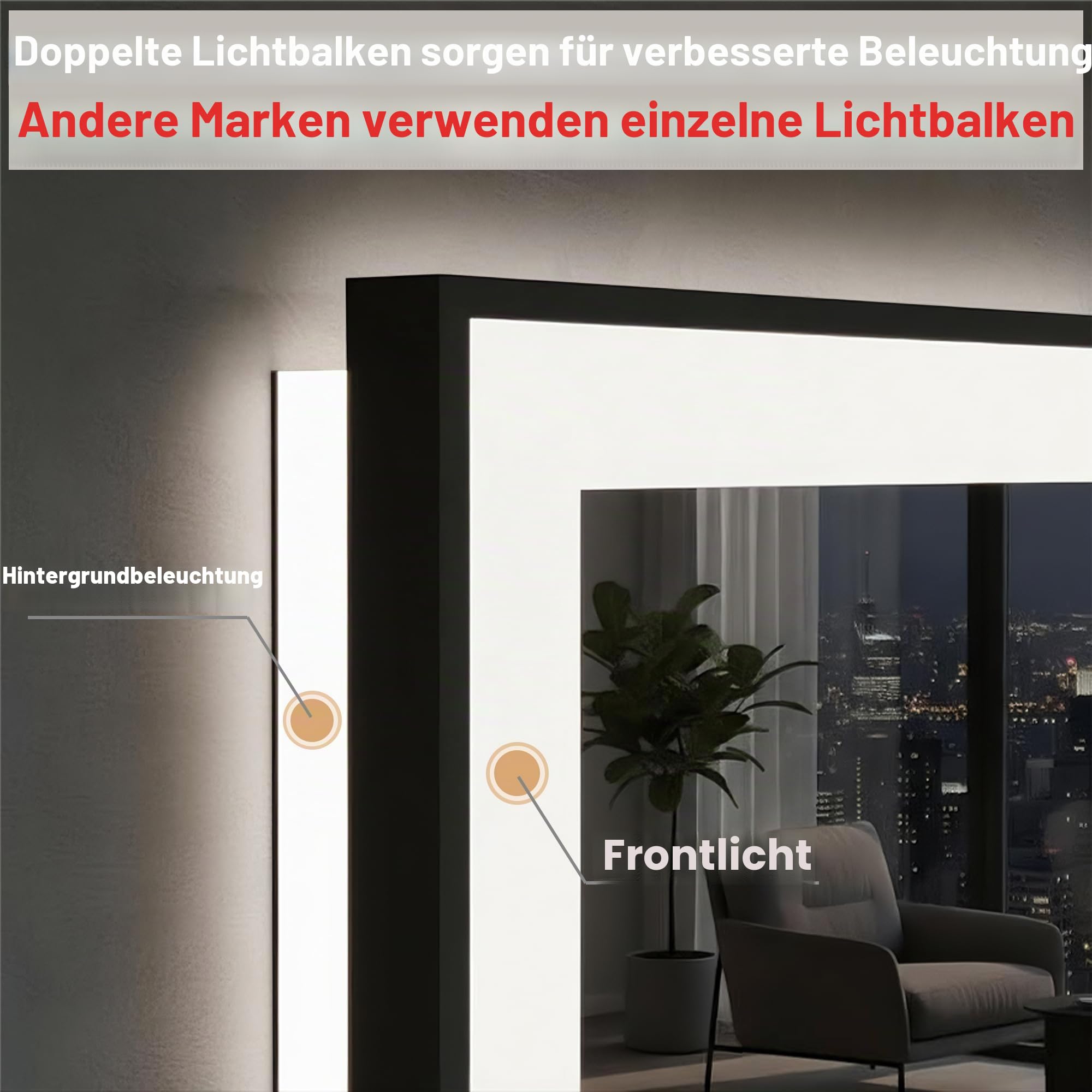 EchosLife 120x80cm Spiegel mit LED, Badspiegel mit Beleuchtung Schwarz Aluminium, Dimmbar und Antibeschlag Spiegel Beleuchtet Bad, 3 Farben Badspiegel LED Geeignet für Hotel, Badezimmer
