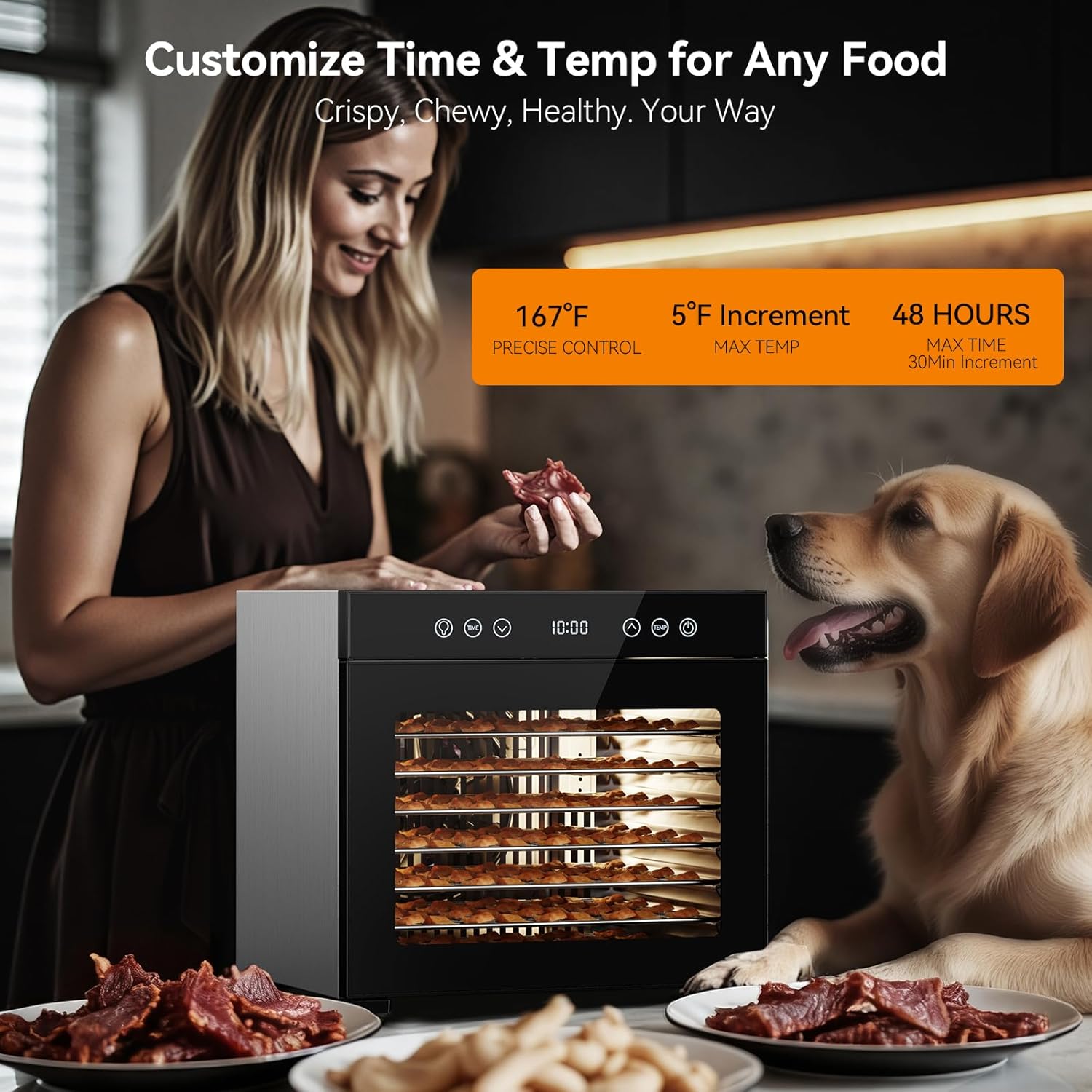 Food Dehydrator Machine with 8 Stainless Steel Trays, 650W Powerful Motor, Adjustable Temperature & 48-Hour Timer for Jerky, Fruits, Herbs, Dog Treats - Quiet Operation