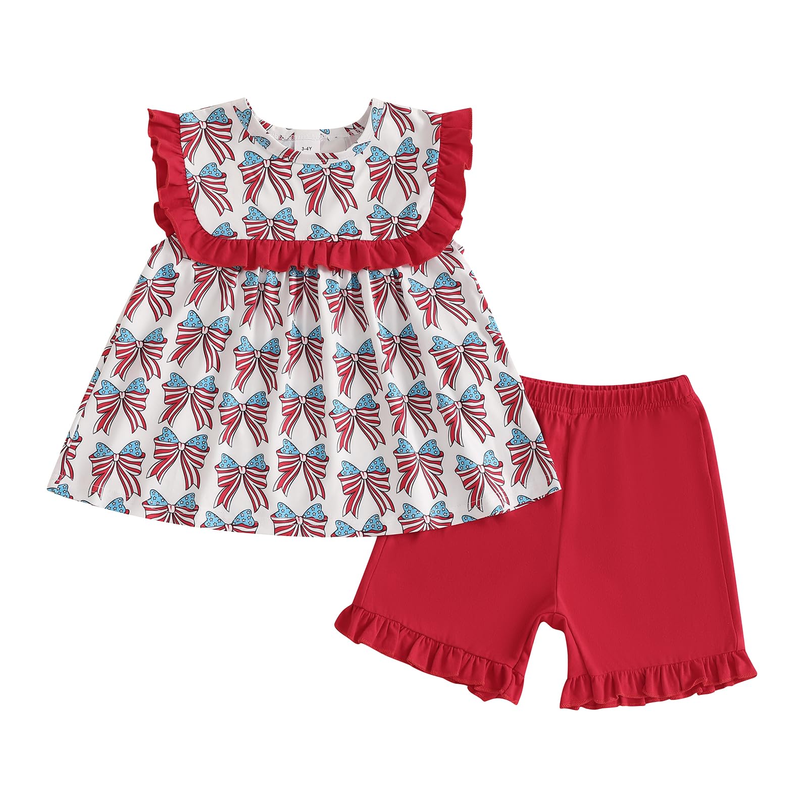 Toddler Baby Girl 4th of July Outfit American Flag Bow Fly Sleeve Shirt Tops Ruffle Shorts Set Cute Summer Clothes (Red, 3-4T)