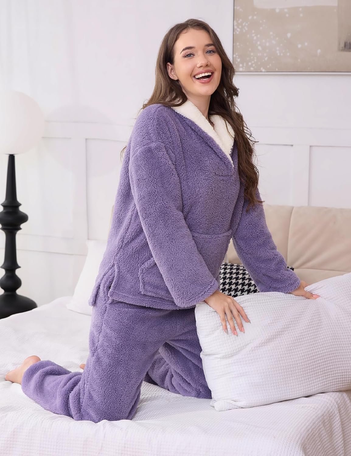 Women's Fluffy Pajamas Set Winter Warm 2 Piece Plush Pullover Pants Fuzzy Fleece Sleepwear Loungewear Pjs with Pockets - Image 6