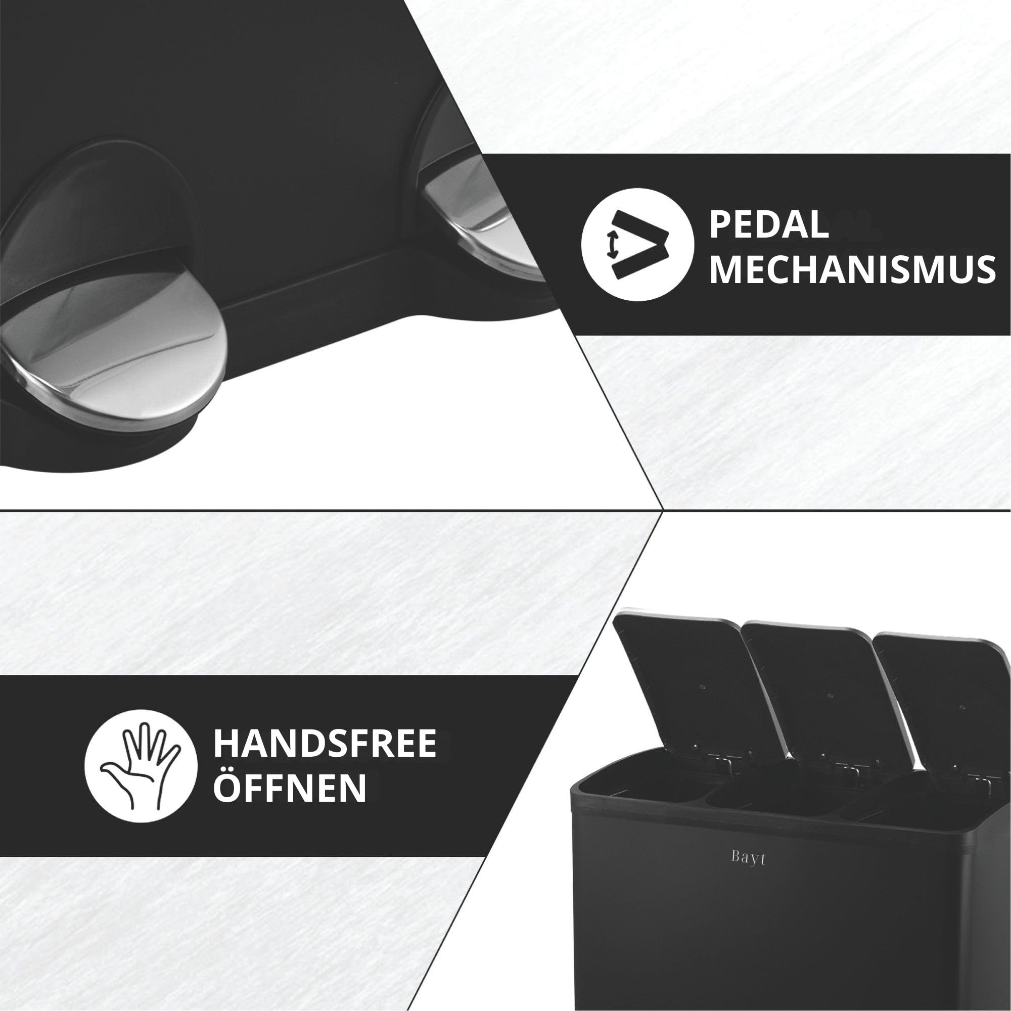 Bayt Mülleimer 60L (3x20L) – Mülltrennsystem 3 Fächer für die Küche – XXL Treteimer aus Edelstahl (Rostfrei) – Geruchsdicht & Fingerabdruckfrei – Inkl. Inneneimer, Schwarz
